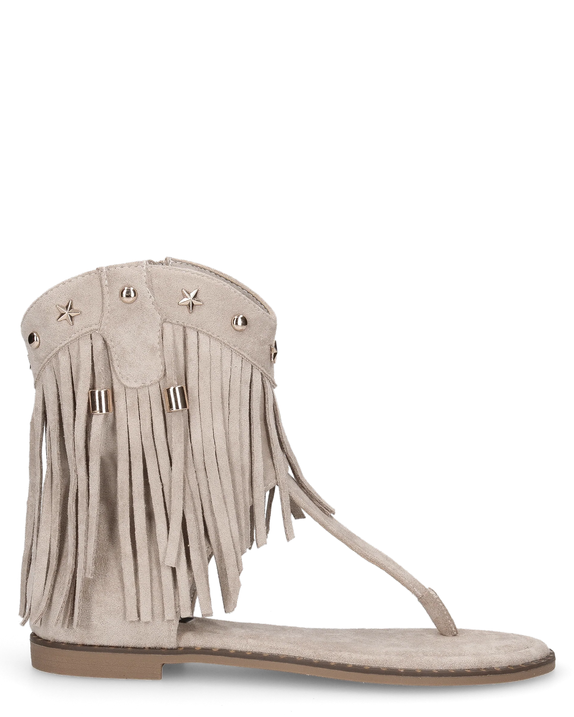 ALLEGRA - sandalo Boho-Chic, infradito in camoscio beige con frange e borchie a stella