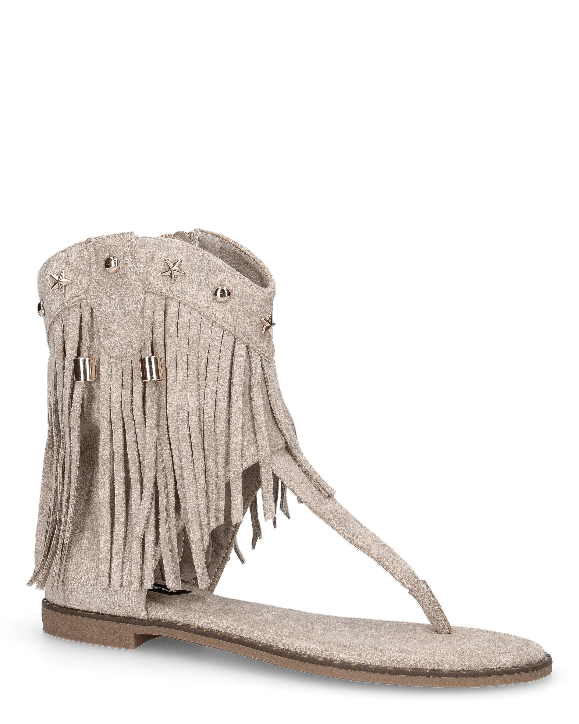 ALLEGRA - sandalo Boho-Chic, infradito in camoscio beige con frange e borchie a stella - Image 2