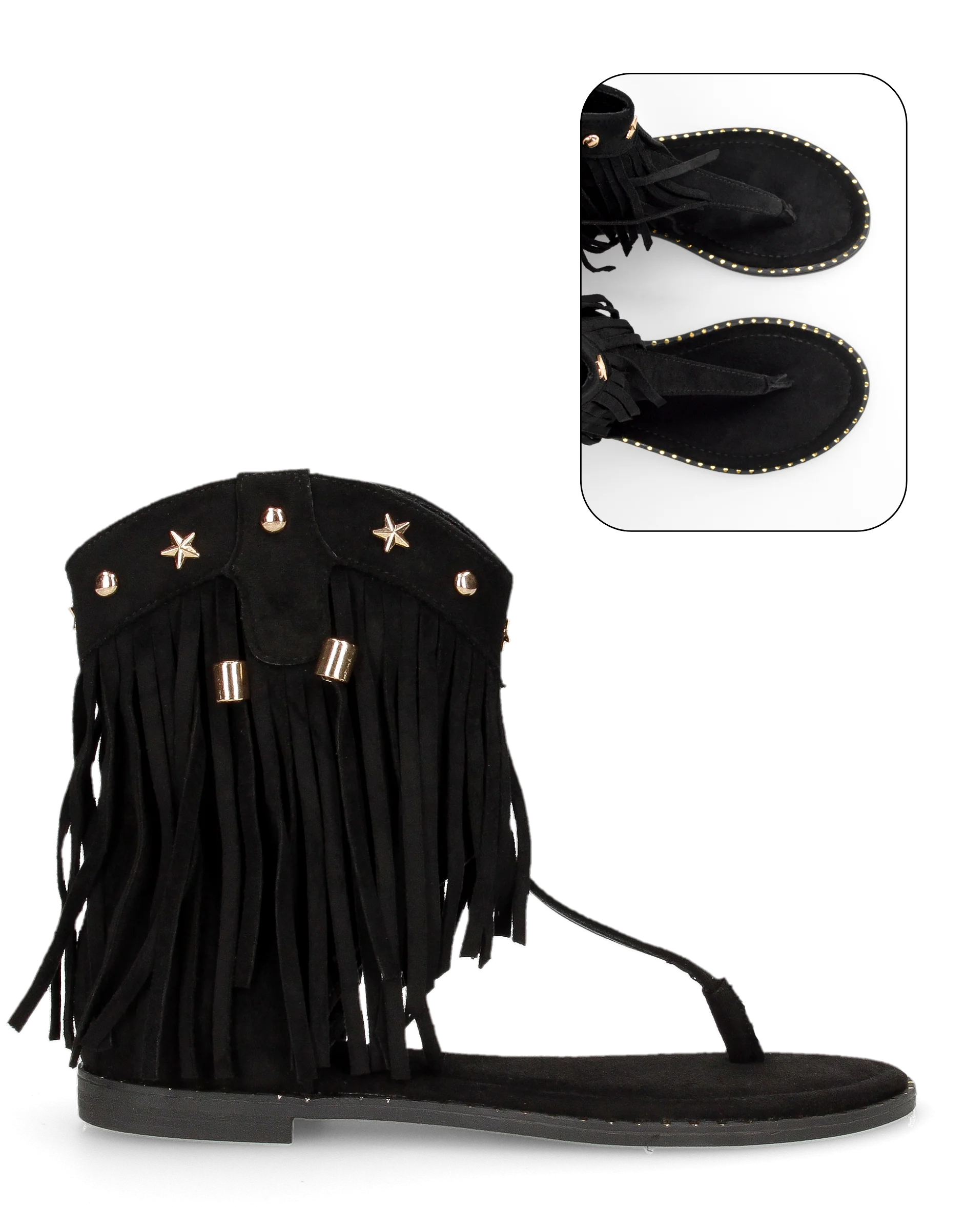 ALLEGRA - sandalo Boho-Chic, infradito in camoscio nero con frange e borchie a stella