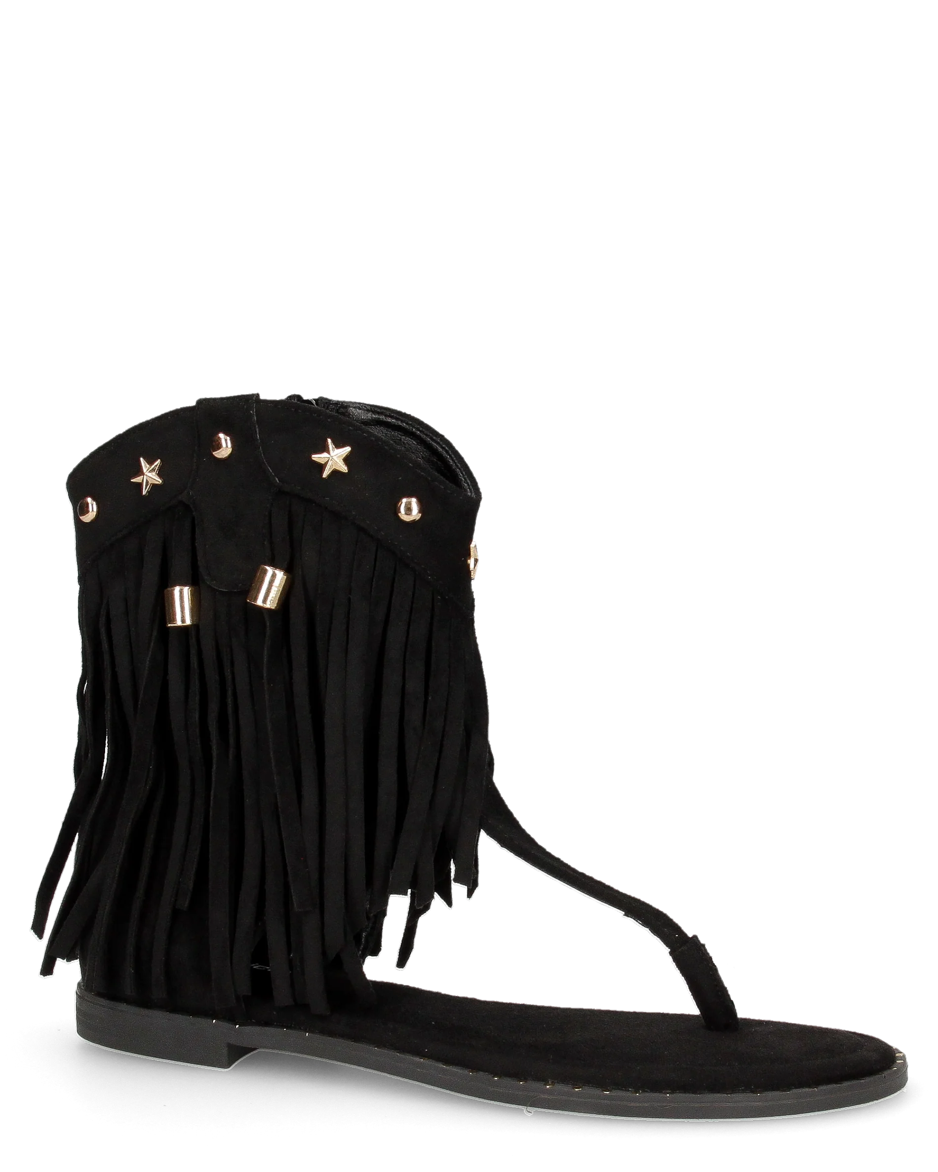 ALLEGRA - sandalo Boho-Chic, infradito in camoscio nero con frange e borchie a stella - Image 2