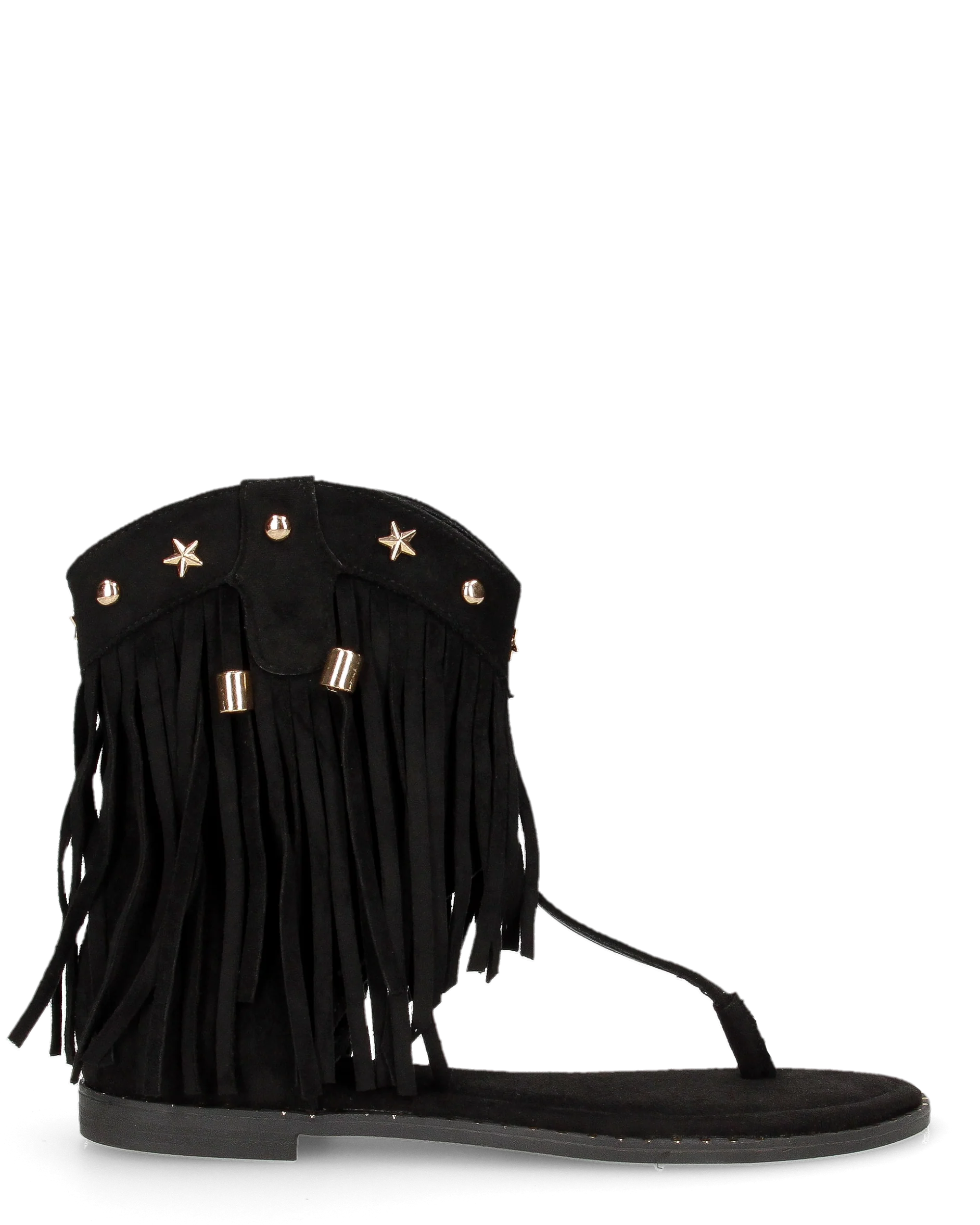 ALLEGRA - sandalo Boho-Chic, infradito in camoscio nero con frange e borchie a stella - Image 3