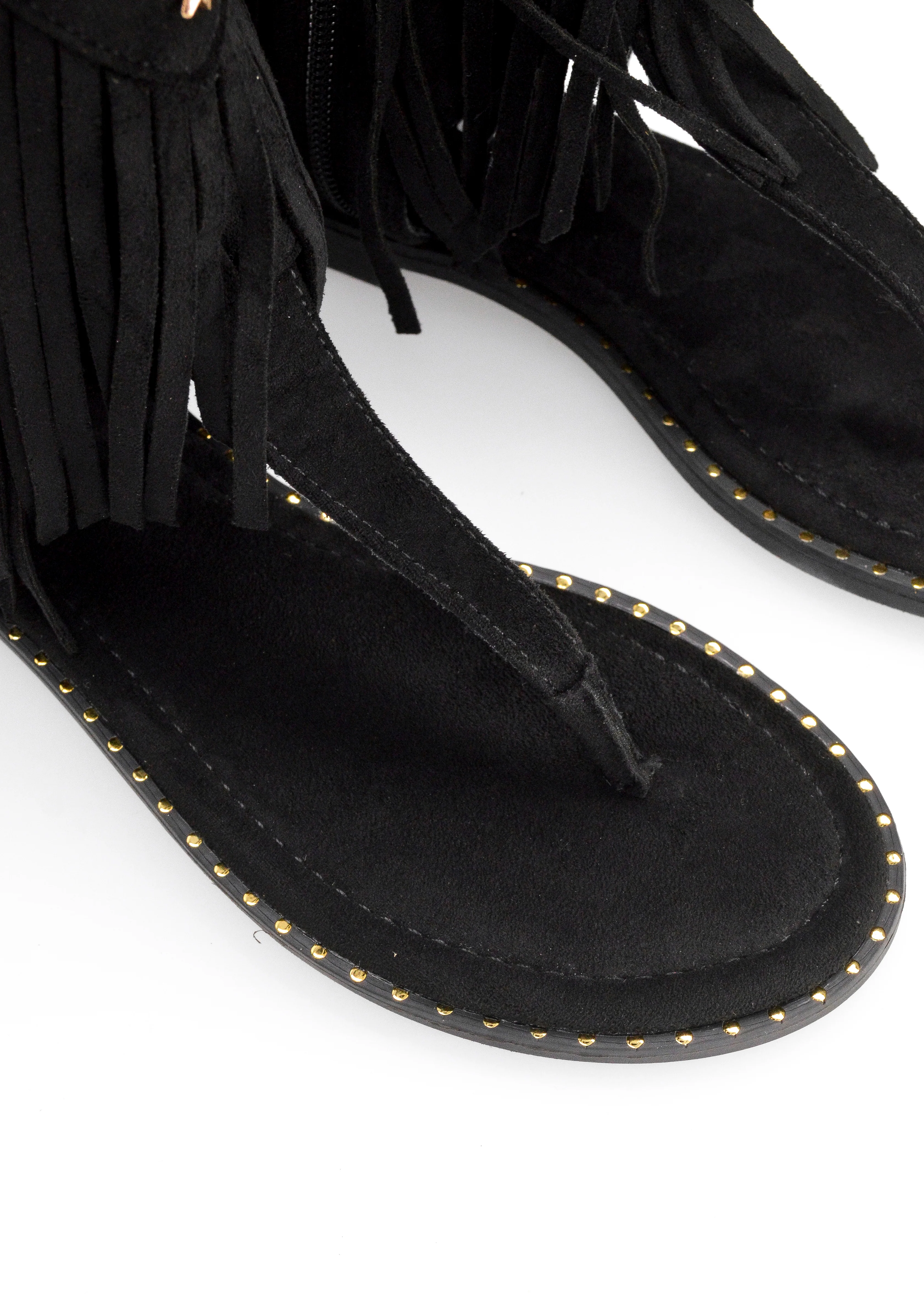 ALLEGRA - sandalo Boho-Chic, infradito in camoscio nero con frange e borchie a stella - Image 8