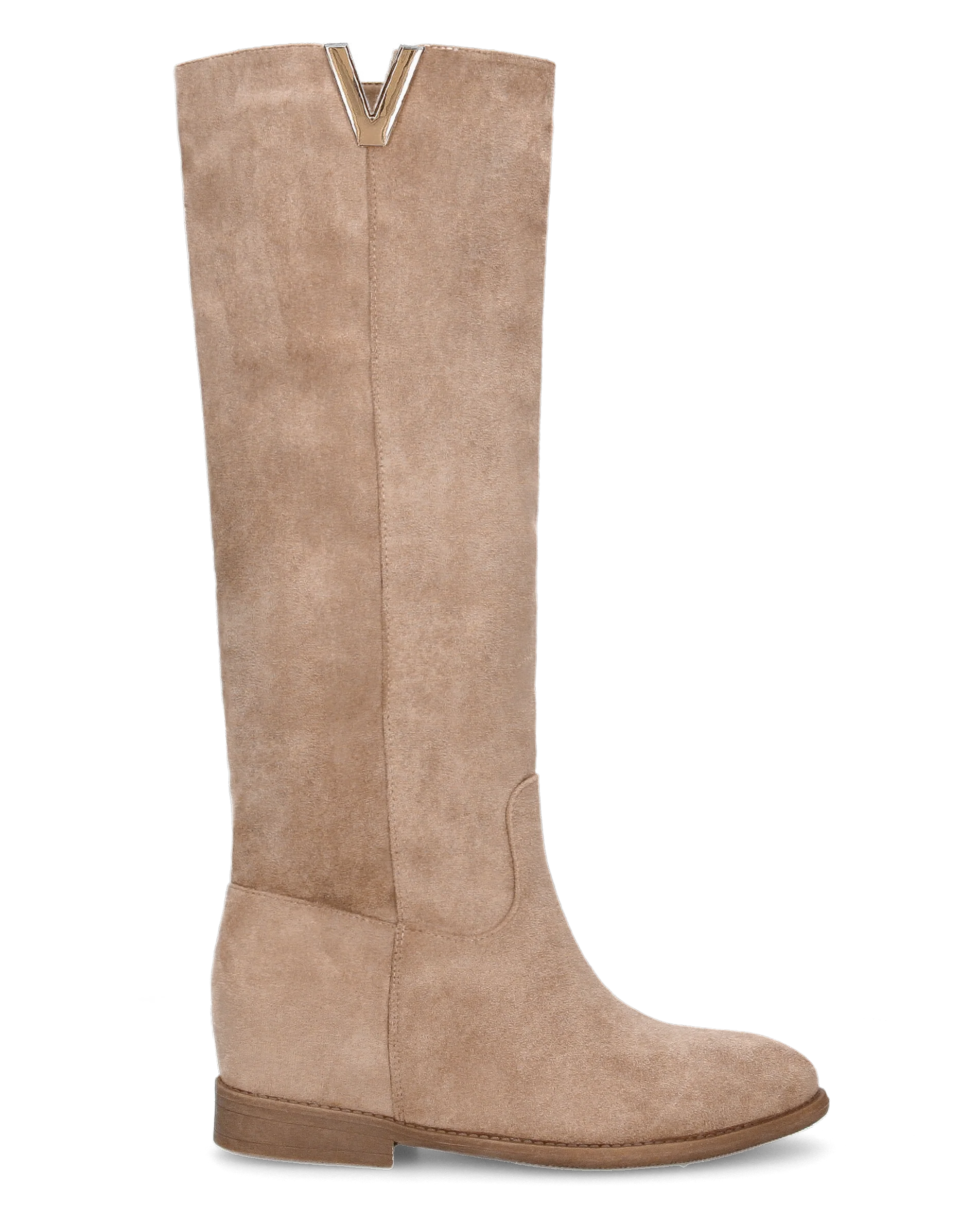 ANTEA - stivali alti in camoscio beige con zeppa interna e profilo in oro