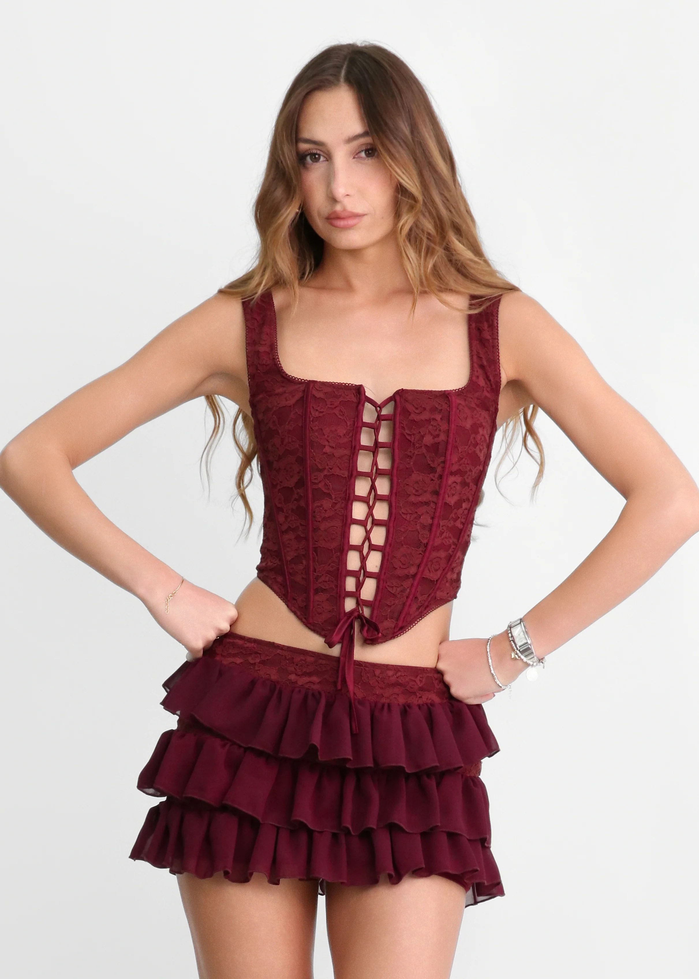 BREEZE - set co-ord gonna corta e corpetto in burgundy - Image 3