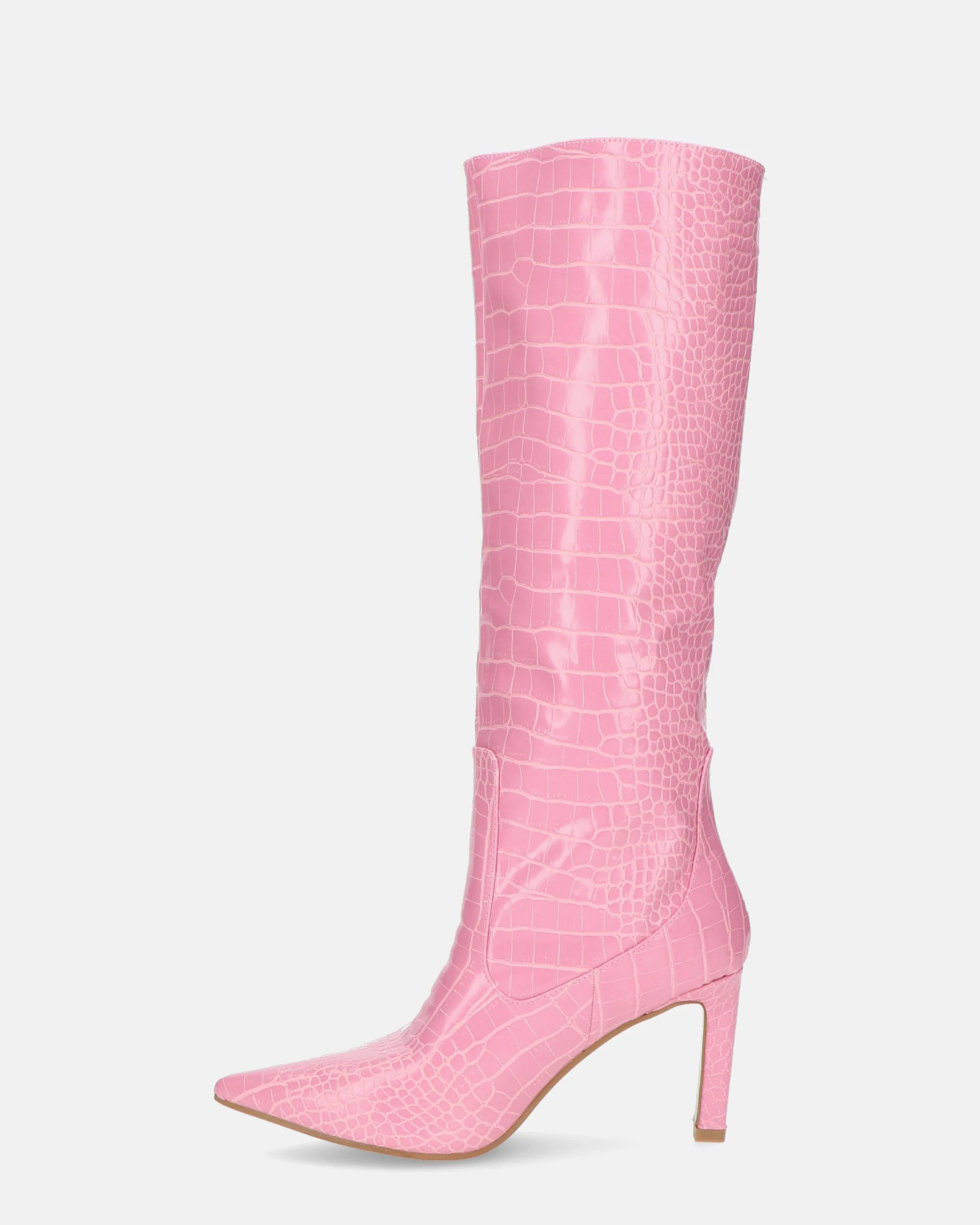 CAROLINE - stivale alto con tacco in rosa coccodrillo - Image 4