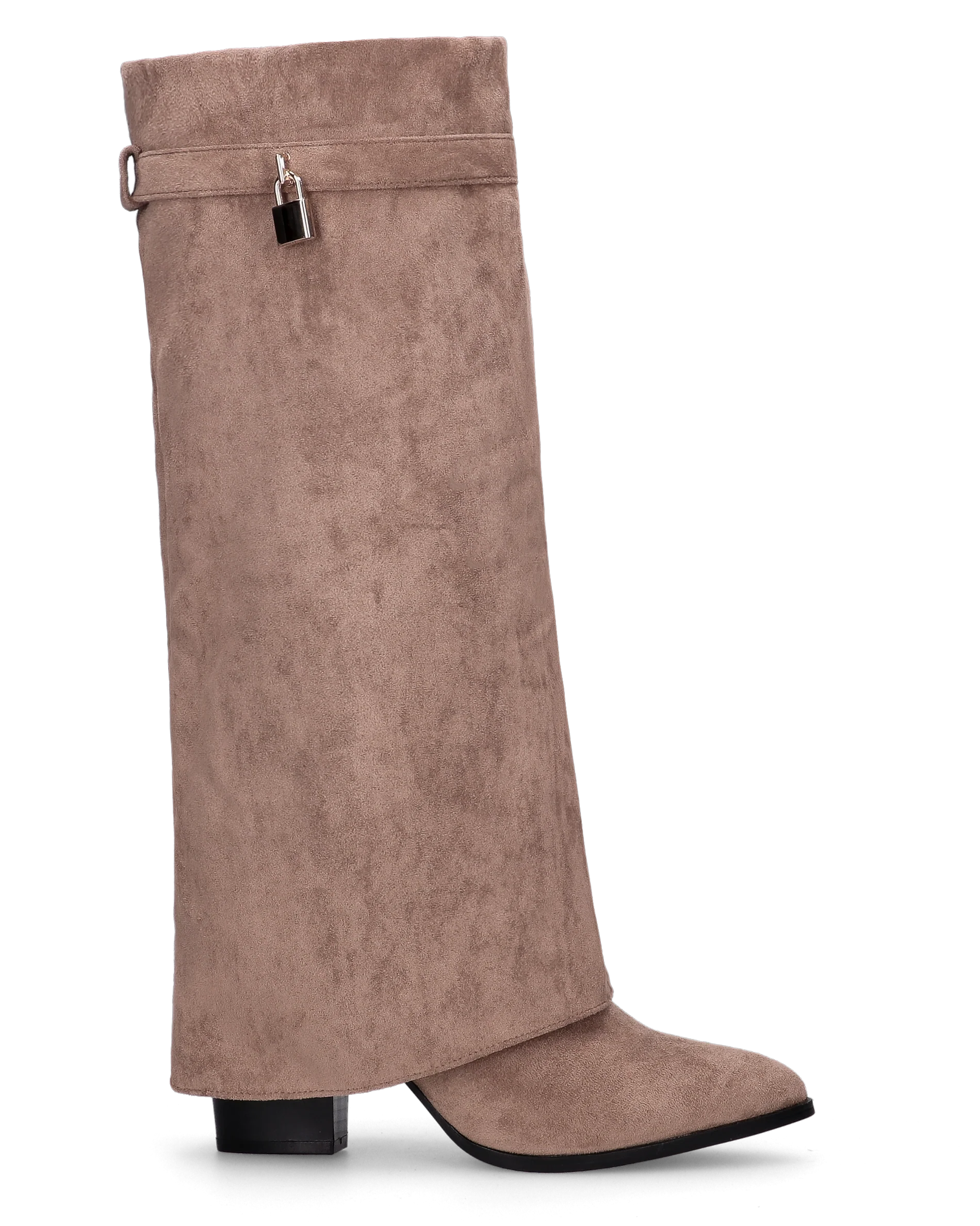DHARA - stivale alto beige con risvolto e mini lucchetto oro