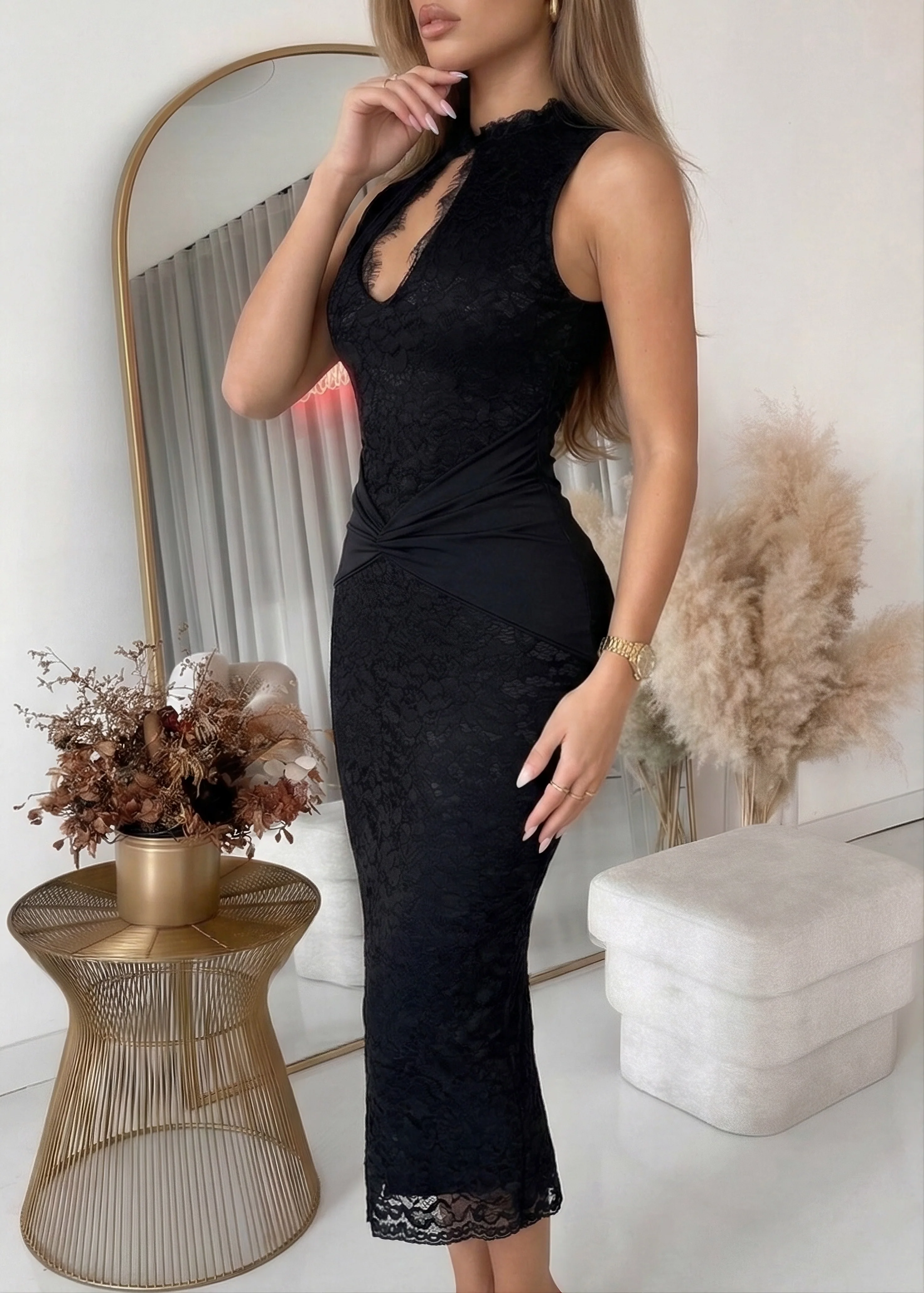 ELVY - vestito midi in pizzo nero con scollo a goccia - Image 2