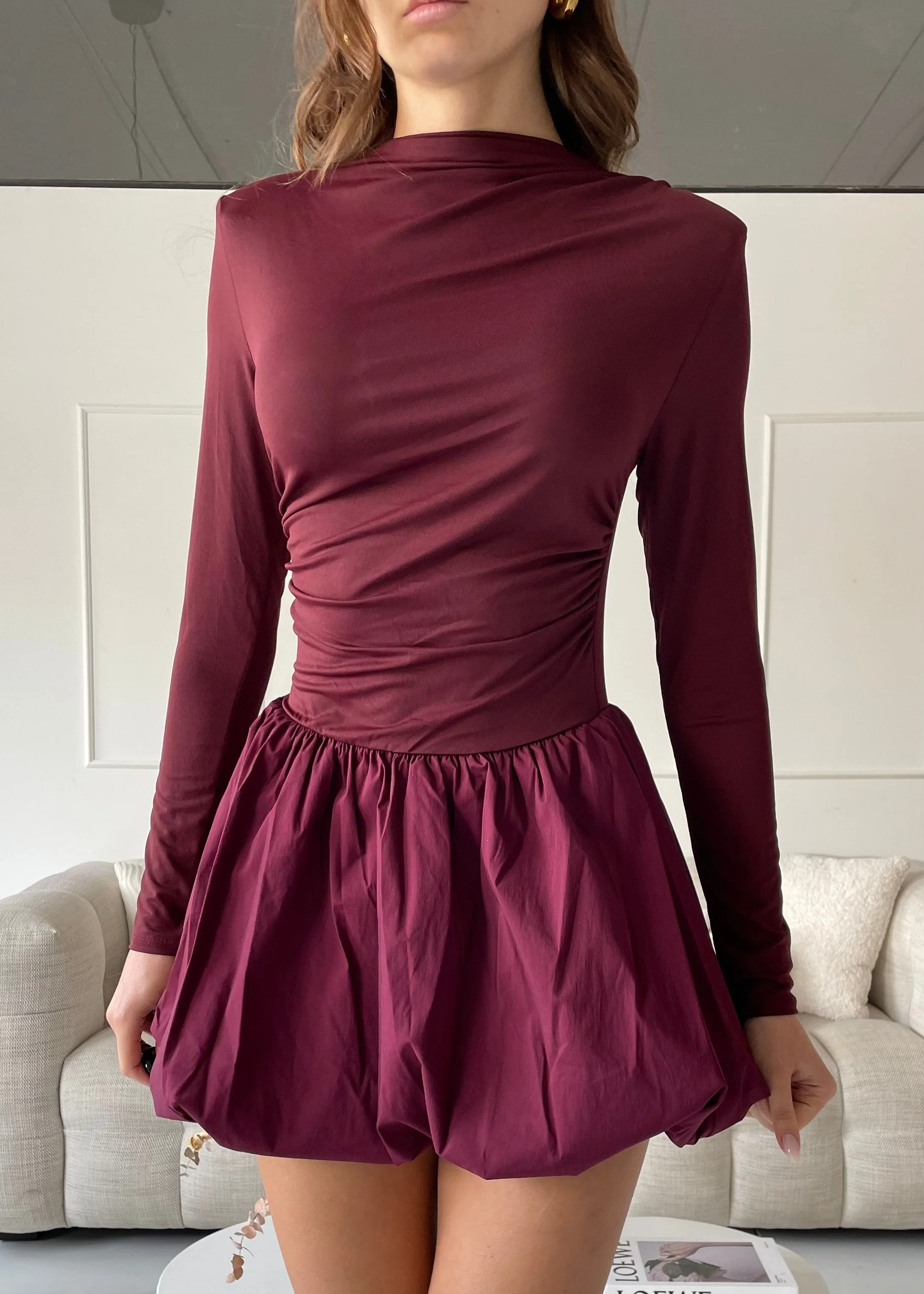 FREYA - vestito mini burgundy con gonna a palloncino