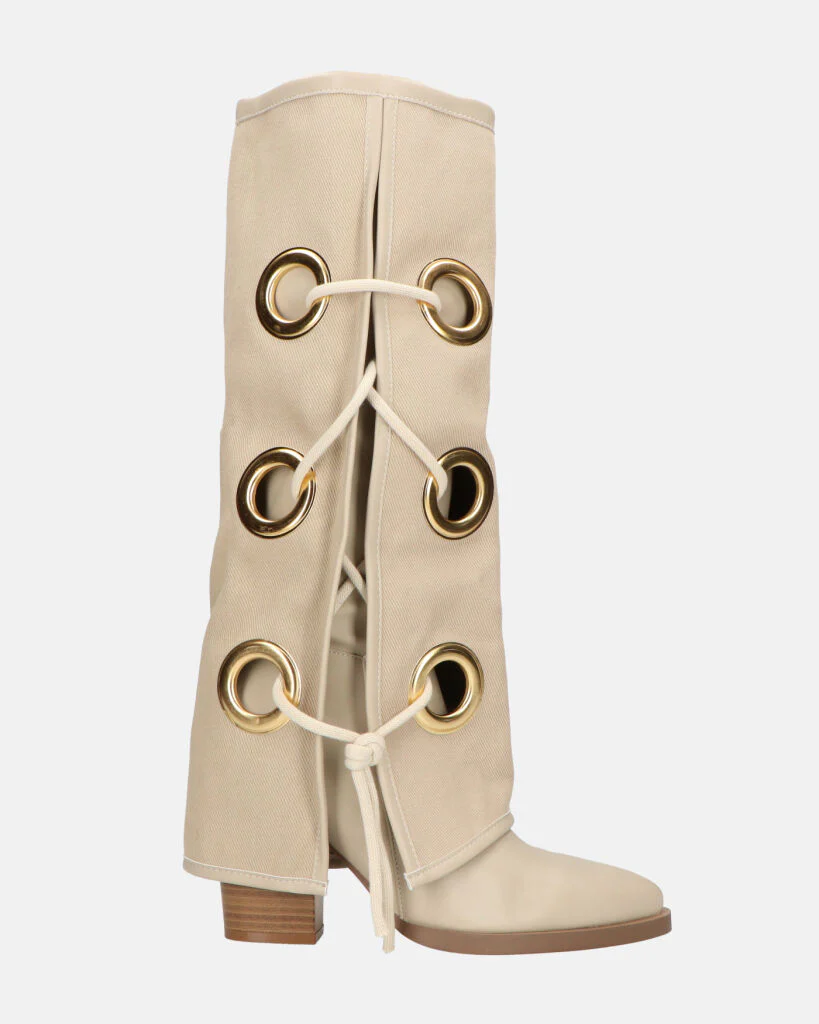 GEENA - stivali beige con risvolto in tessuto con asole in metallo - Image 3