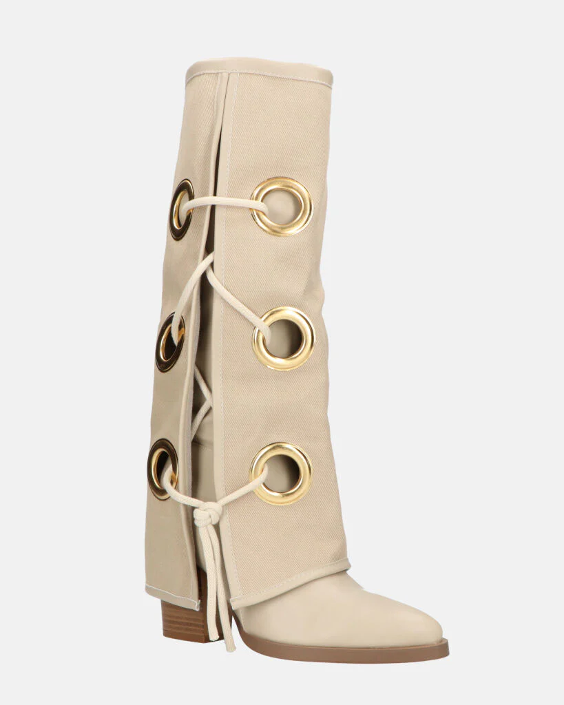 GEENA - stivali beige con risvolto in tessuto con asole in metallo - Image 4