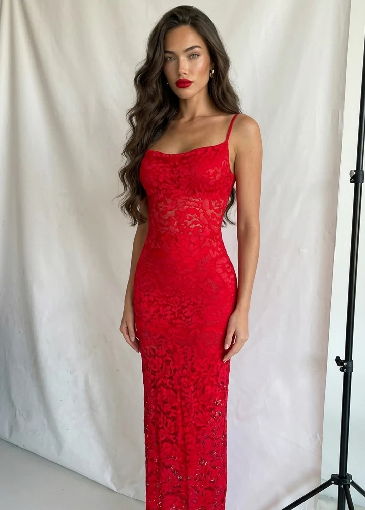 ILLY - abito midi lungo in pizzo rosso
