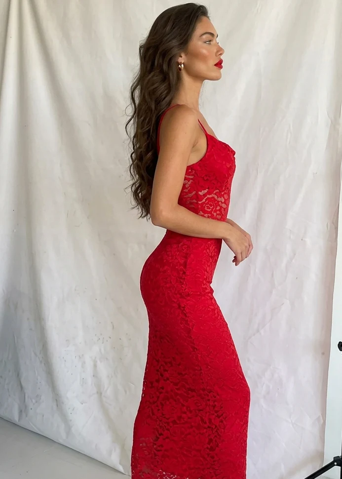 ILLY - abito midi lungo in pizzo rosso - Image 2