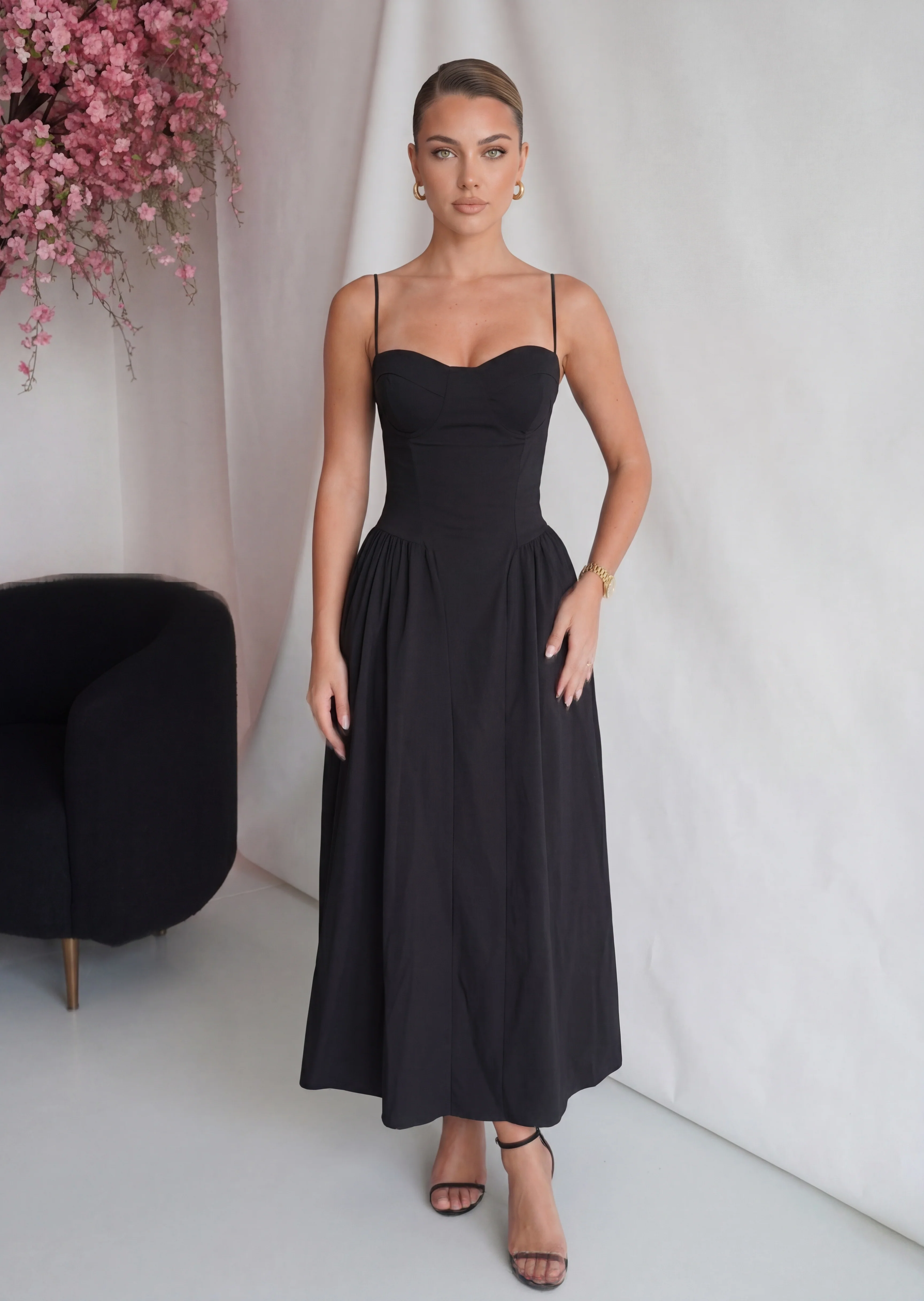 ISABEAU - vestito nero midi a ruota con corpetto - Image 2