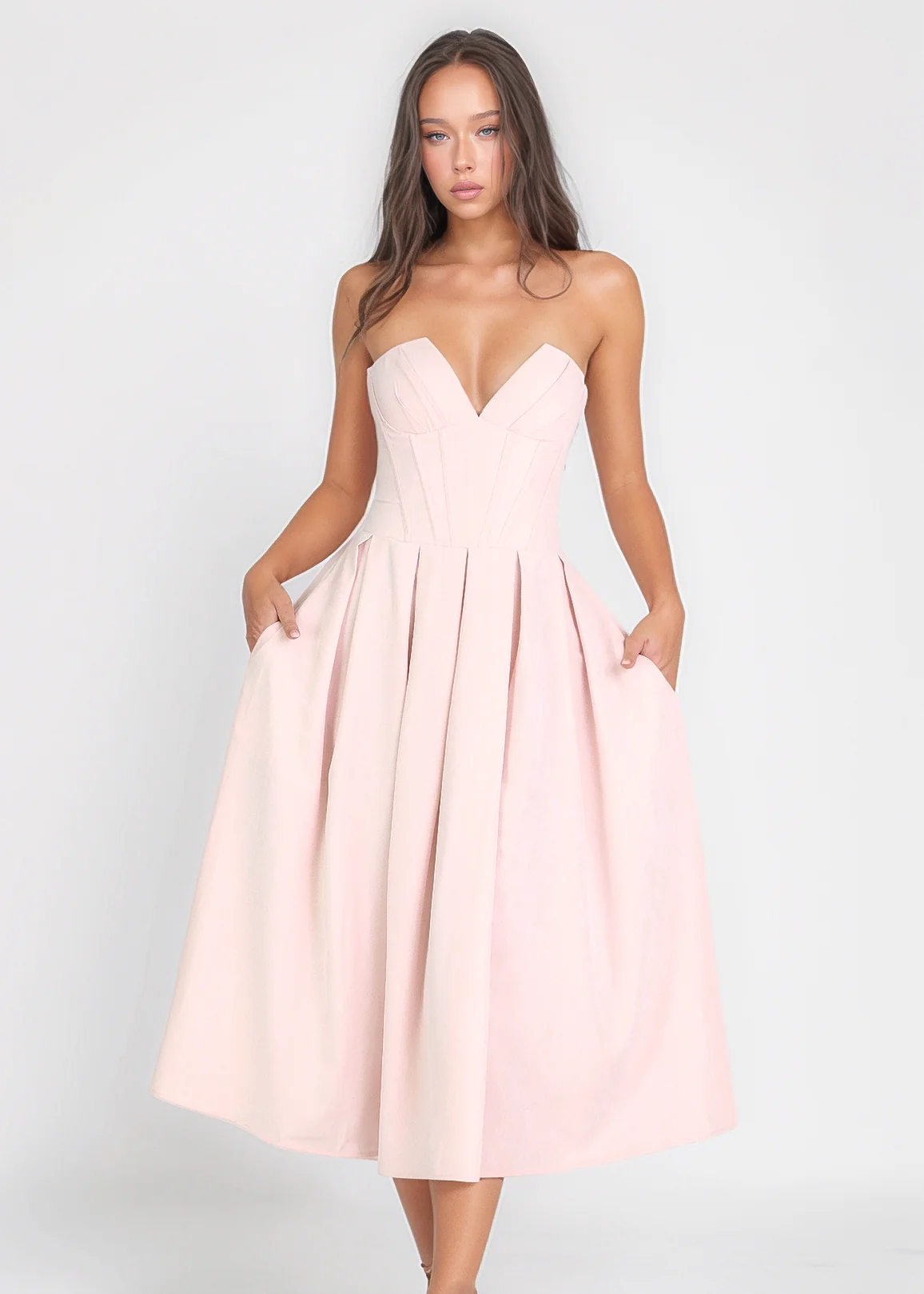 JADA - vestito midi a ruota rosa con corpetto senza spalline - Image 6
