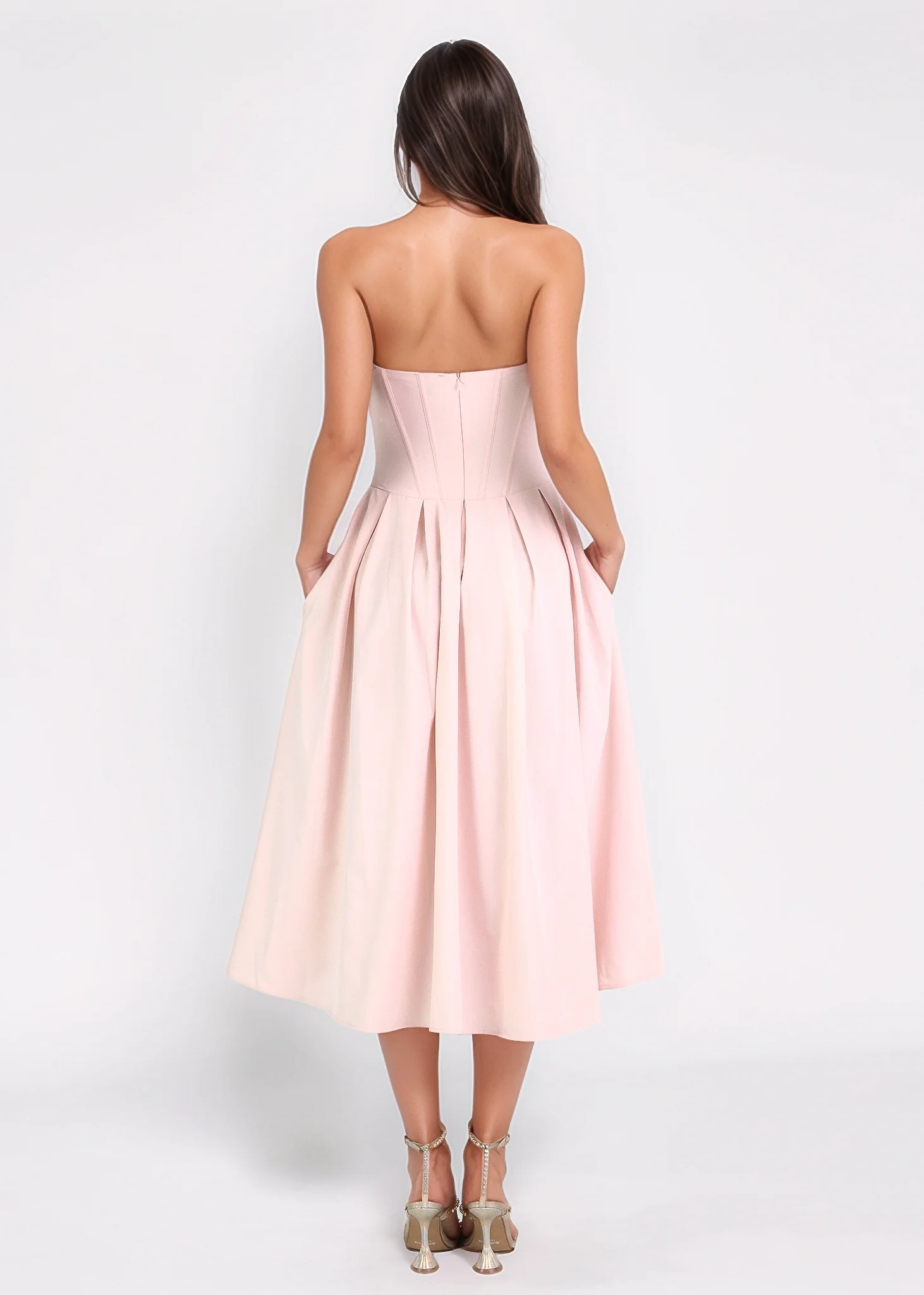 JADA - vestito midi a ruota rosa con corpetto senza spalline - Image 7