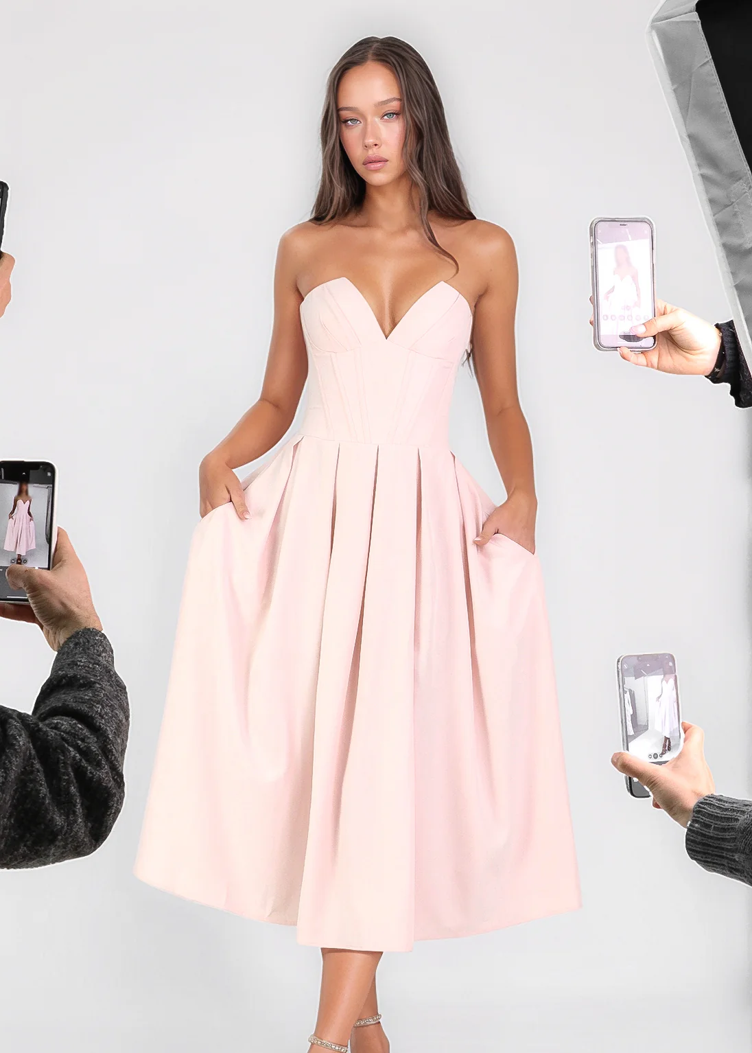 JADA - vestito midi a ruota rosa con corpetto senza spalline - Image 9