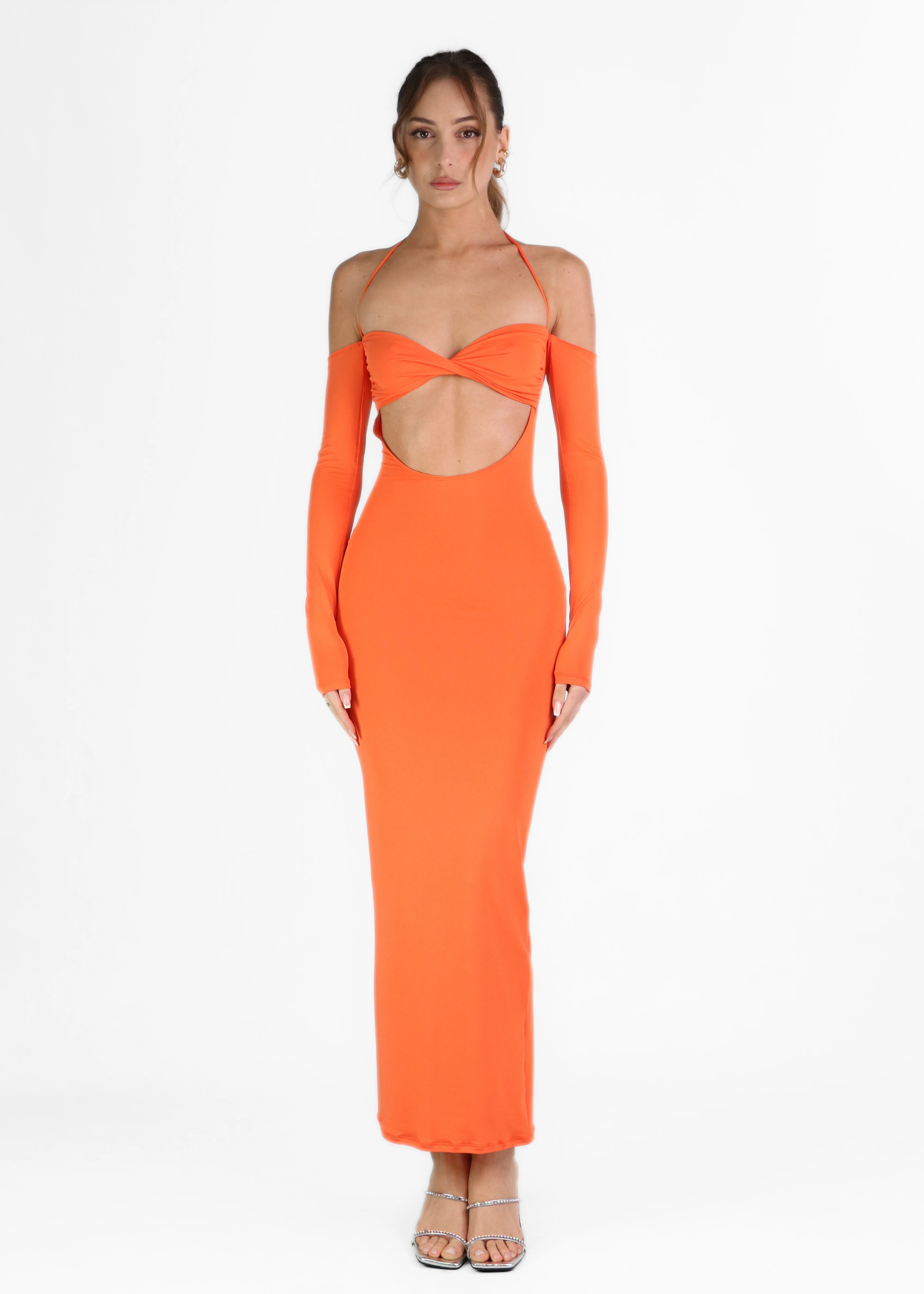 JEMIMA - vestito lungo arancione con spalle scoperte e cut out - Image 6