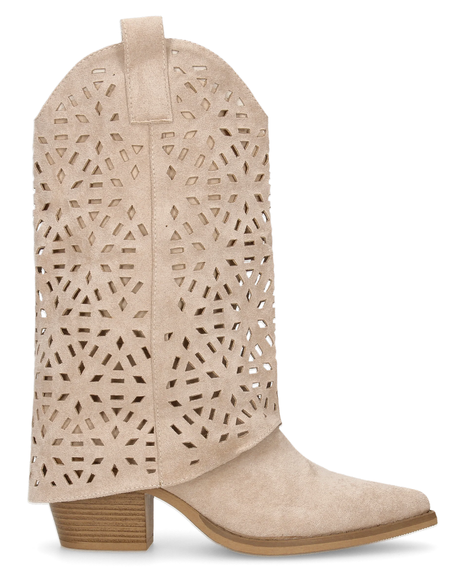 KEIKO - stivali texani beige in simil camoscio con gambale traforato e tacco a blocco
