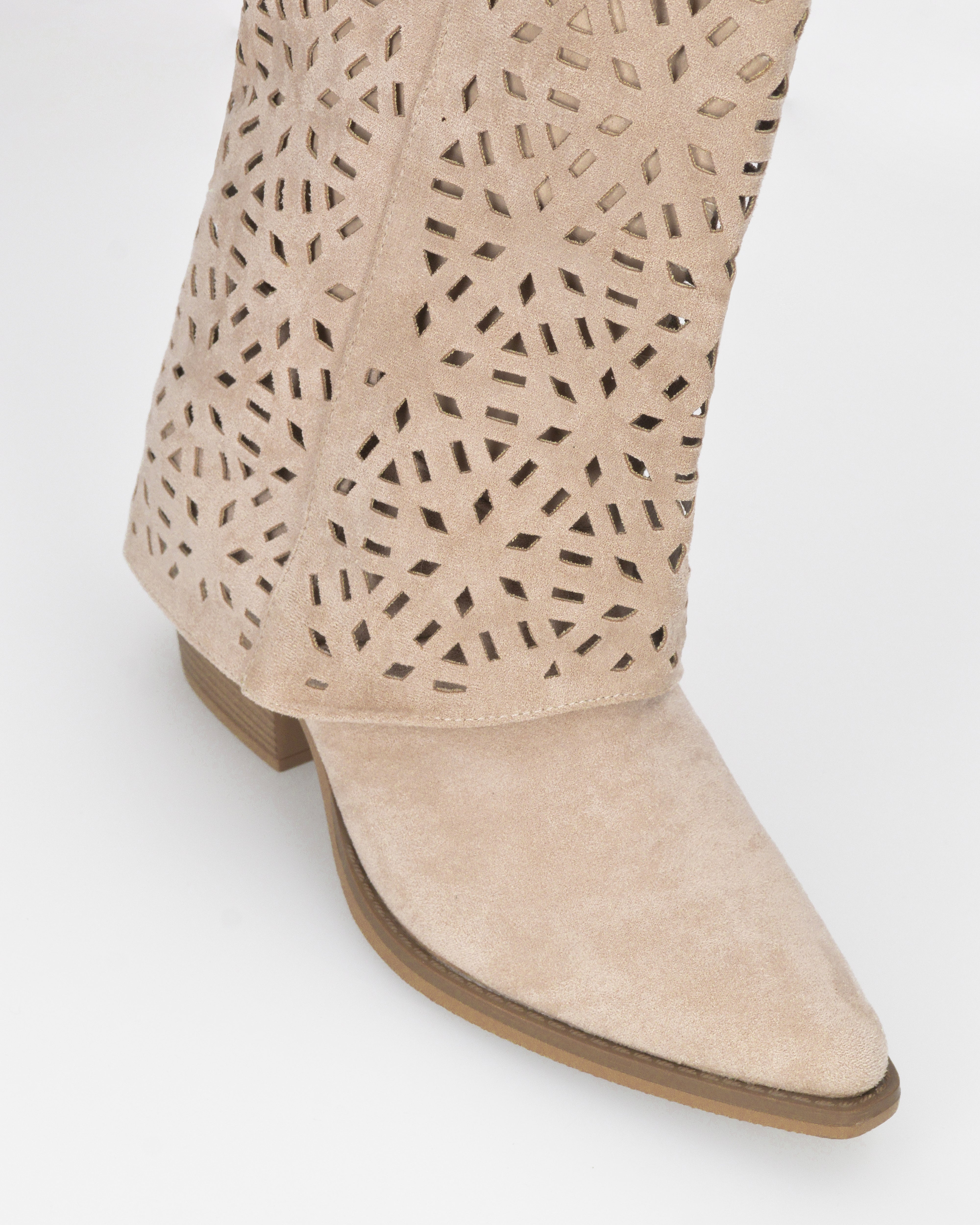KEIKO - stivali texani beige in simil camoscio con gambale traforato e tacco a blocco - Image 3