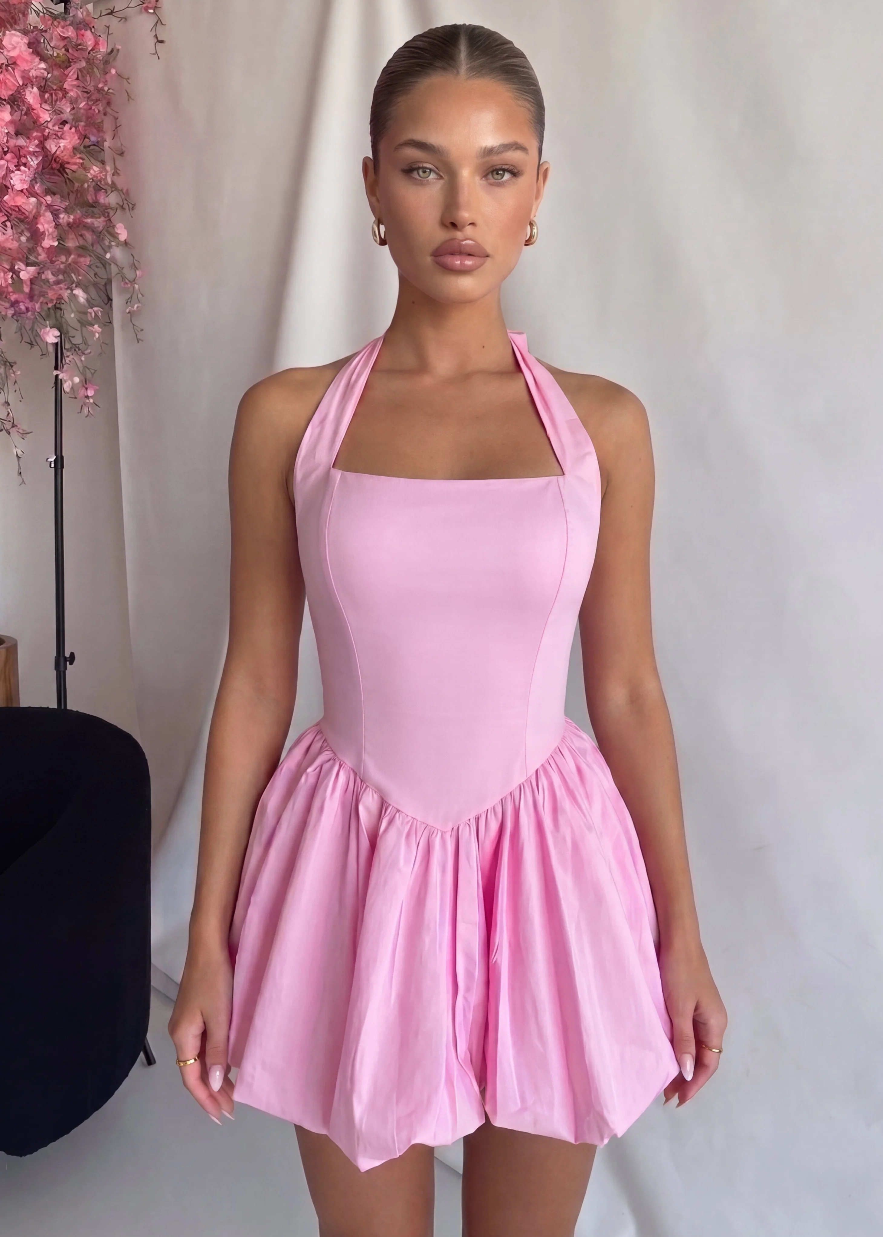MAGDA - abito mini in rosa con gonna ampia in cotone