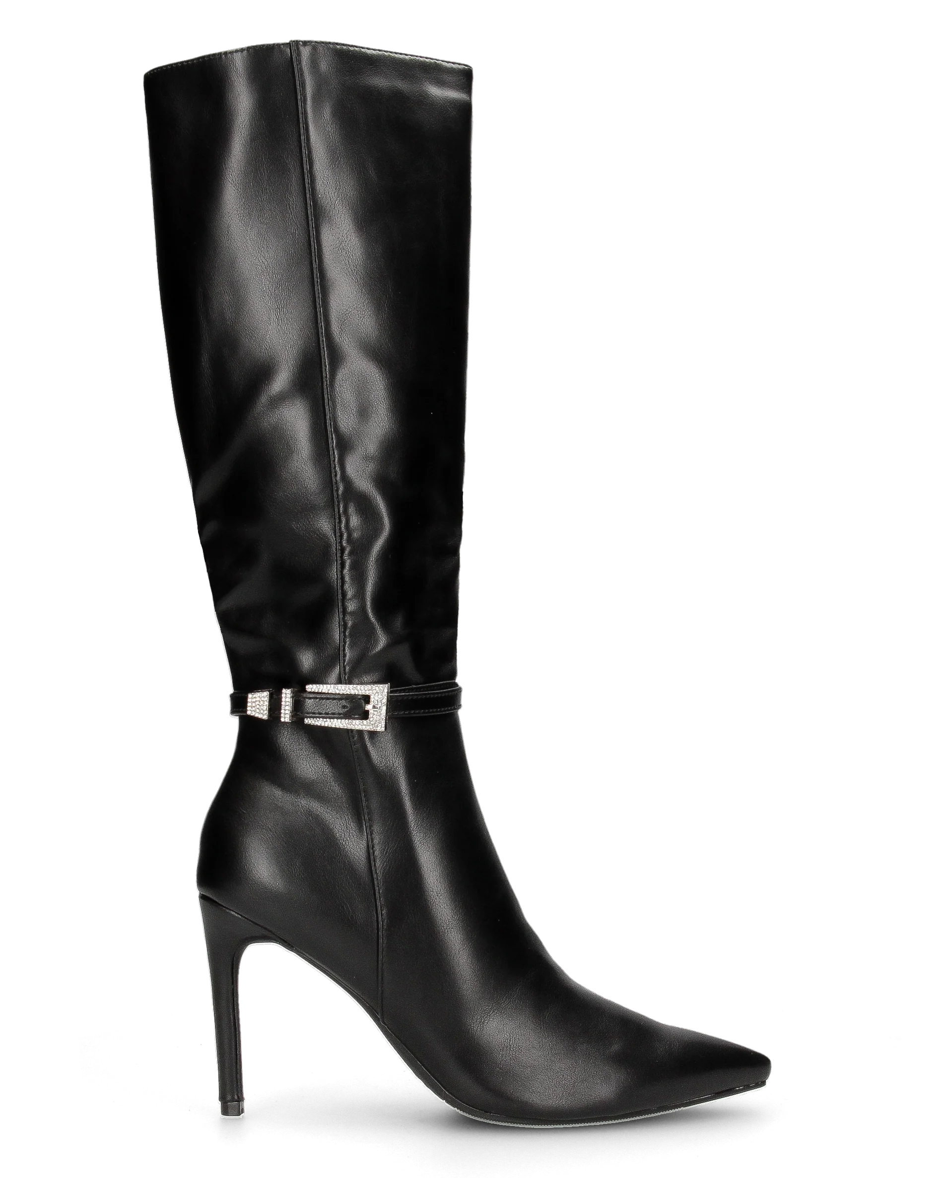 MAKI - Stivale alto sotto al ginocchio in ecopelle nero con tacco stiletto e fibbia gioiello