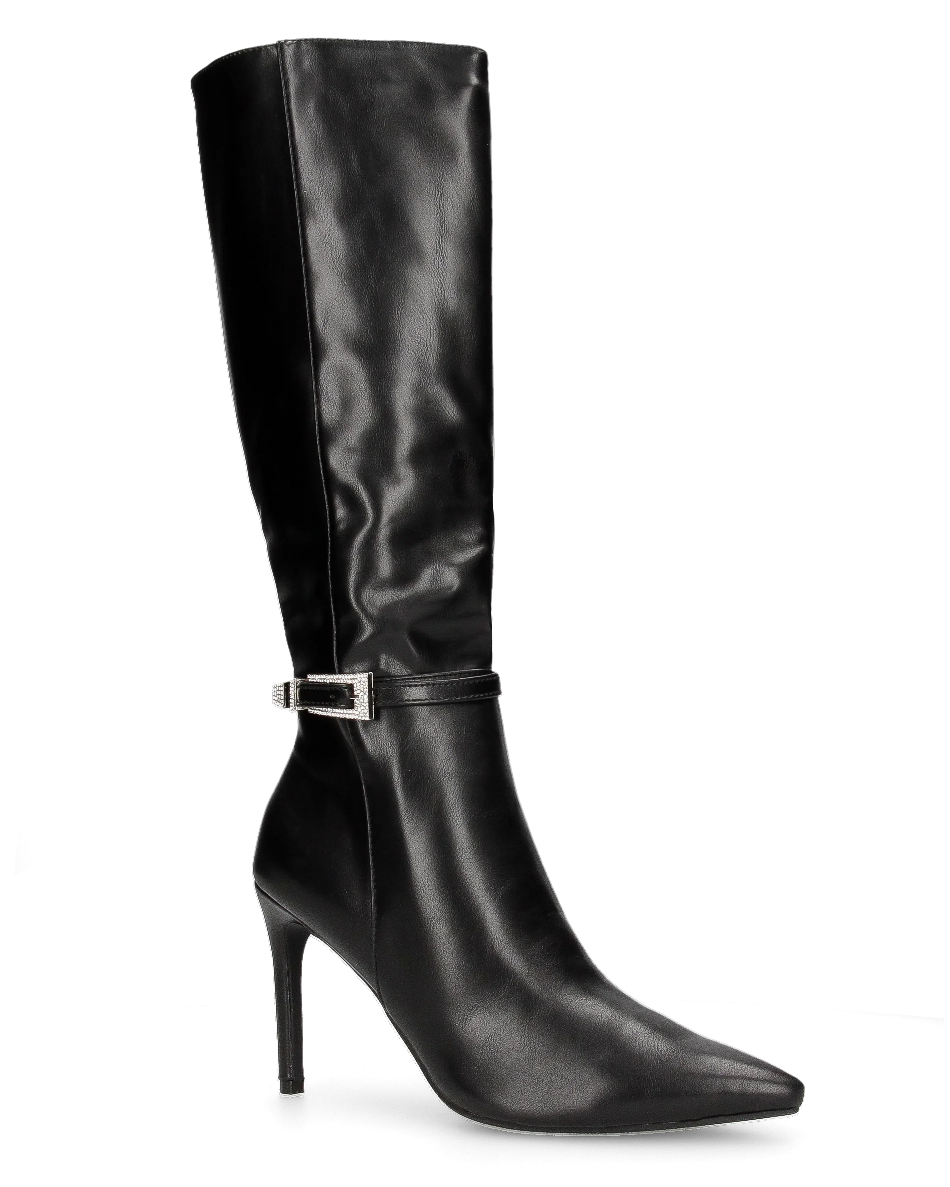 MAKI - Stivale alto sotto al ginocchio in ecopelle nero con tacco stiletto e fibbia gioiello - Image 2