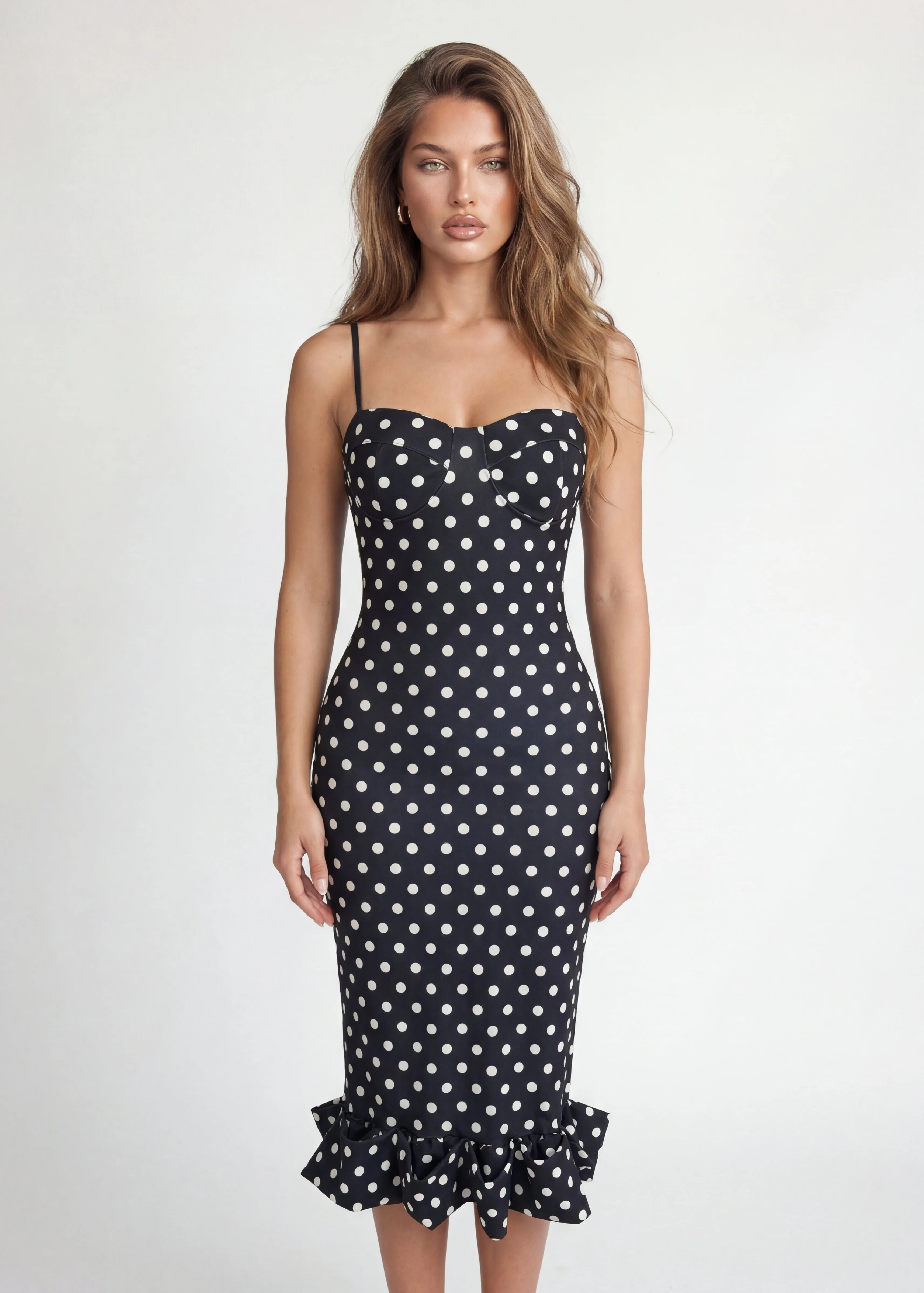MIYO - vestito midi nero con pois con ruches finale e scollo corpetto - Image 2