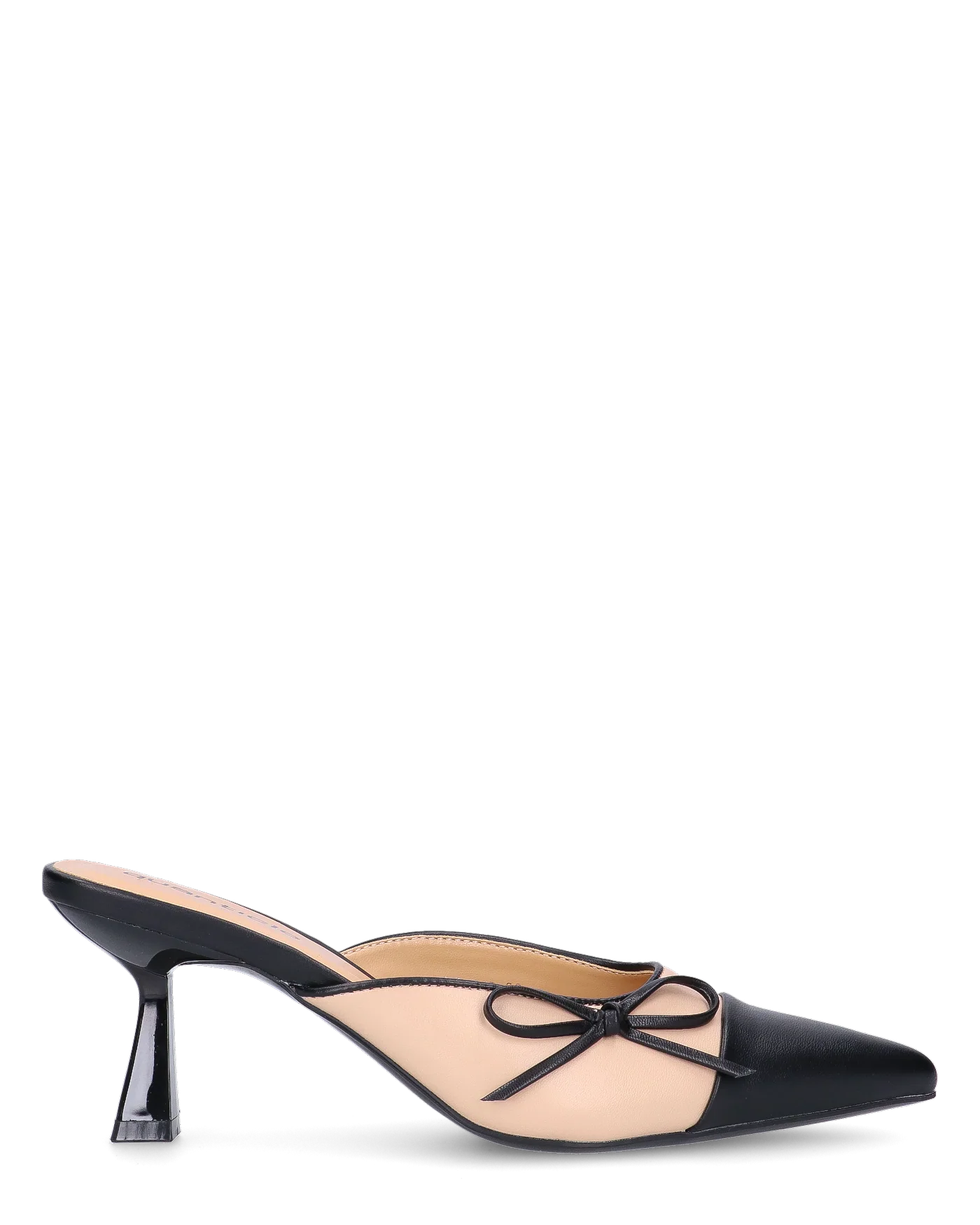 MONIKA - décolleté beige con tacco e punta neri con fiocco laterale