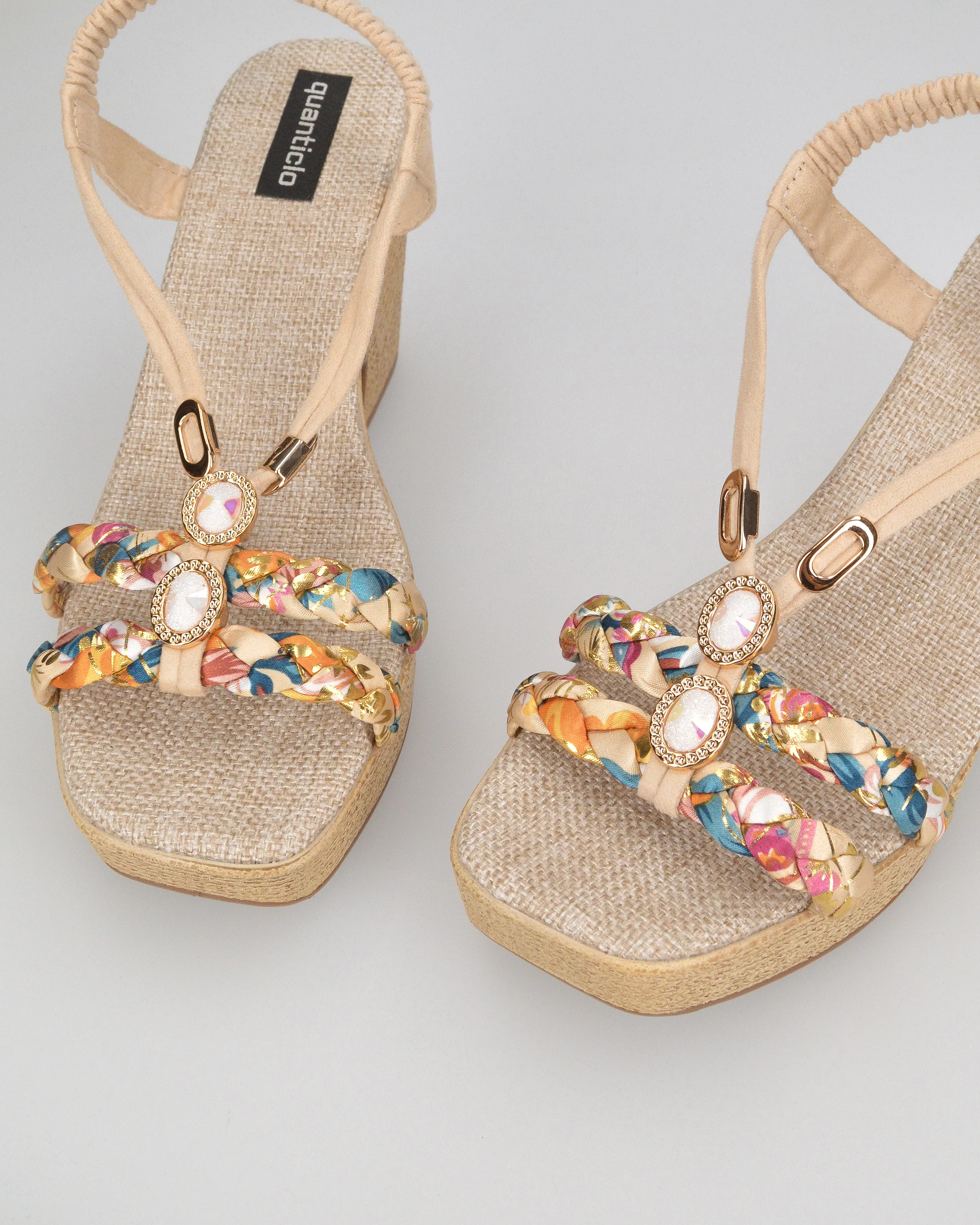 NOEMI - sandali beige con listini in treccia multicolore e platform in simil paglia - Image 3