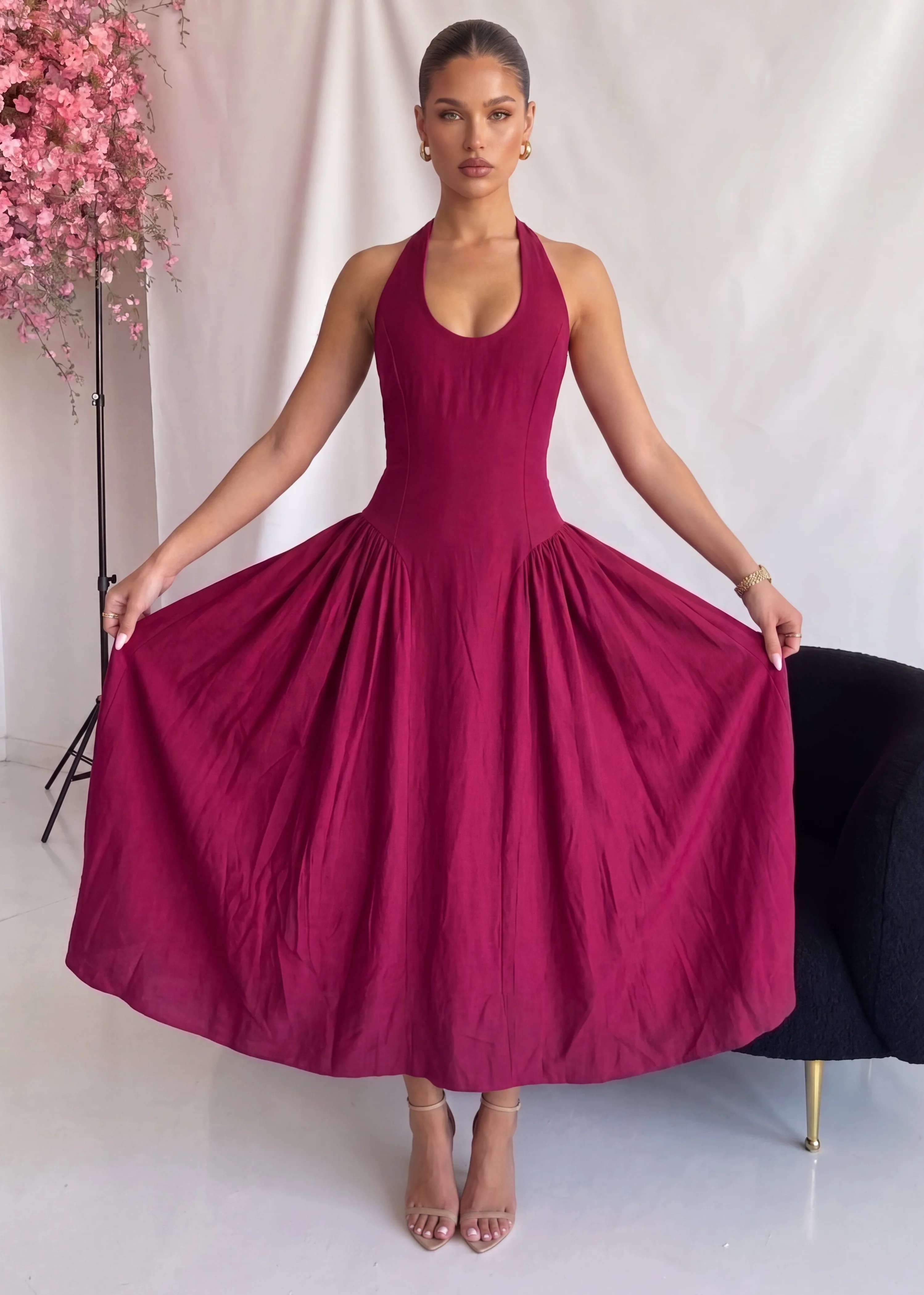 ODILE - abito midi bordeaux con gonna ampia e allacciatura dietro il collo - Image 2