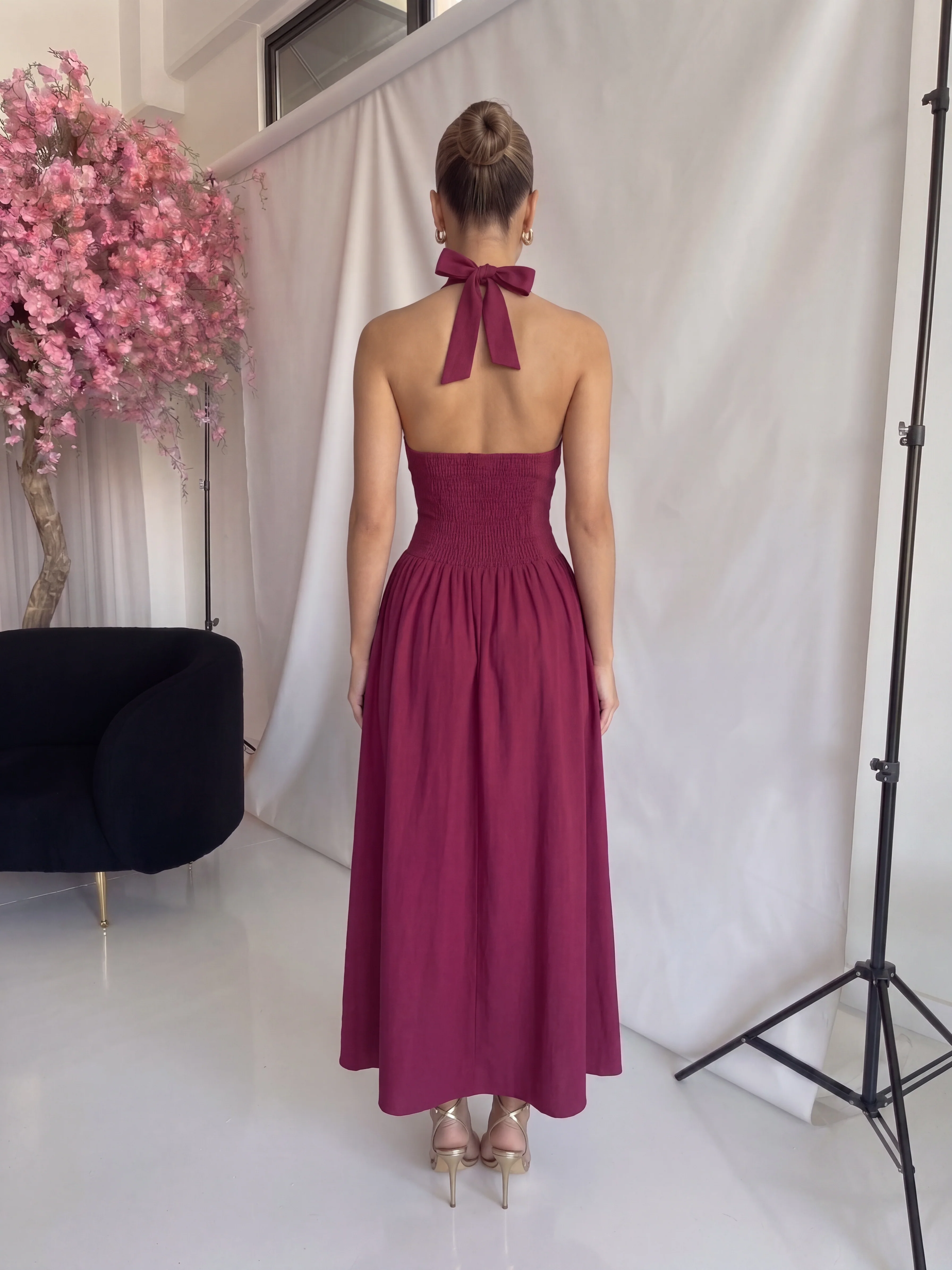 ODILE - abito midi bordeaux con gonna ampia e allacciatura dietro il collo - Image 3