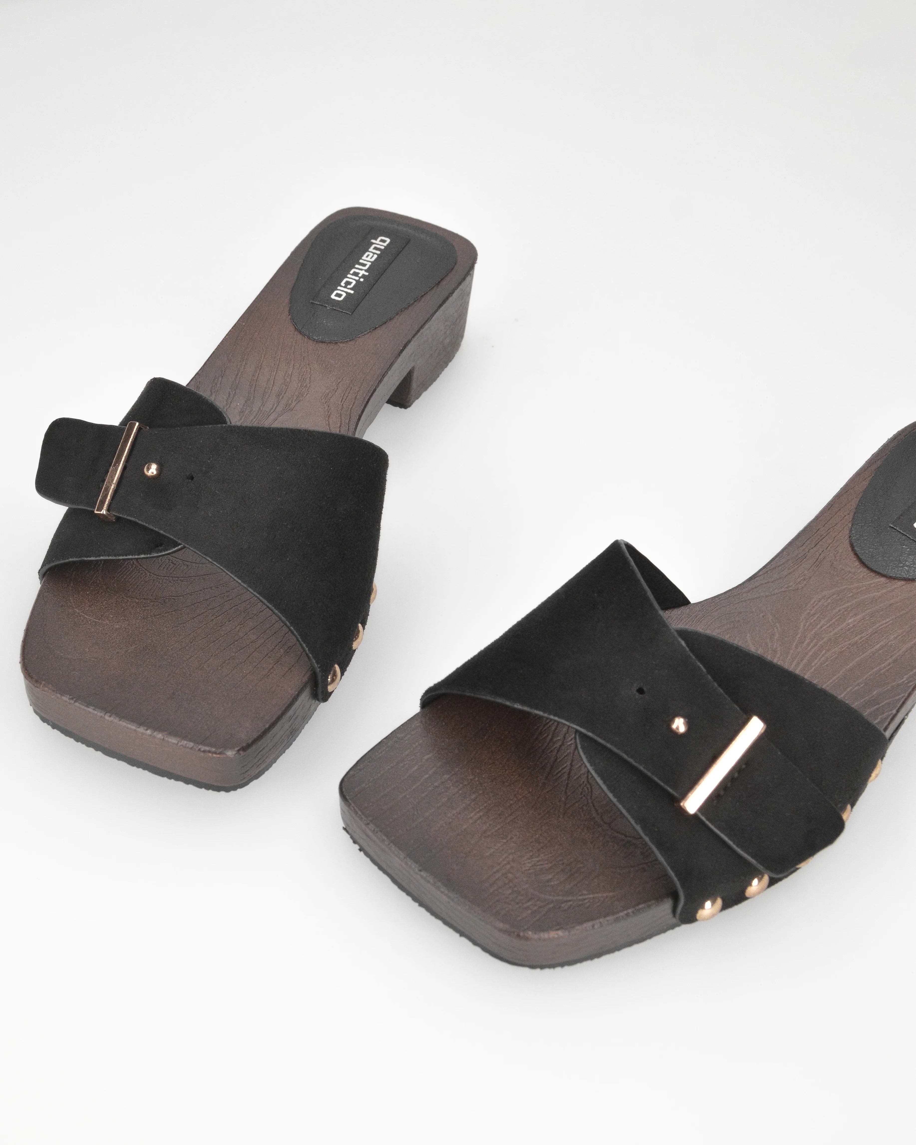 PAMELA - sandali stile zoccoli in con suola in simil legno marrone con fascia nera - Image 4