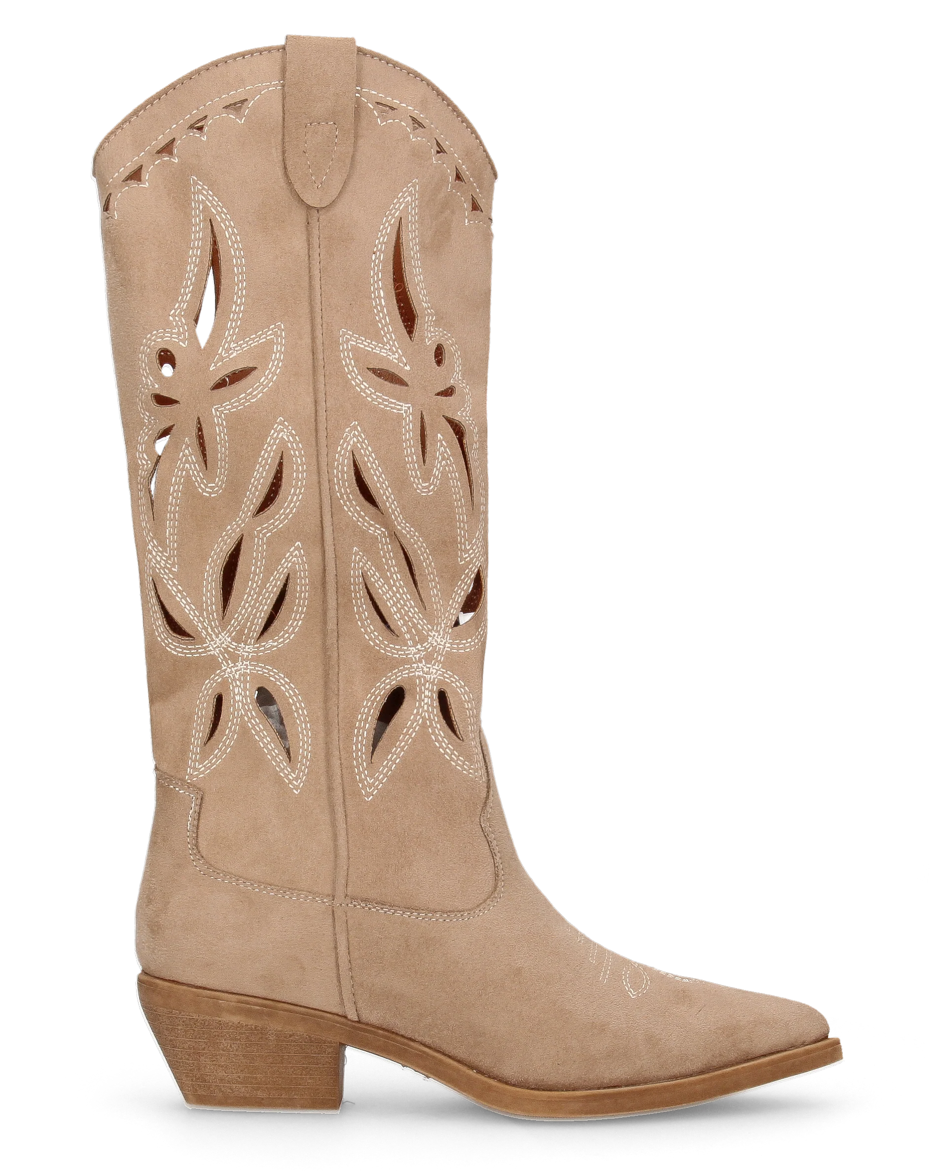RISA - stivali texani alti beige in simil camoscio con ricami e lavorazione traforata