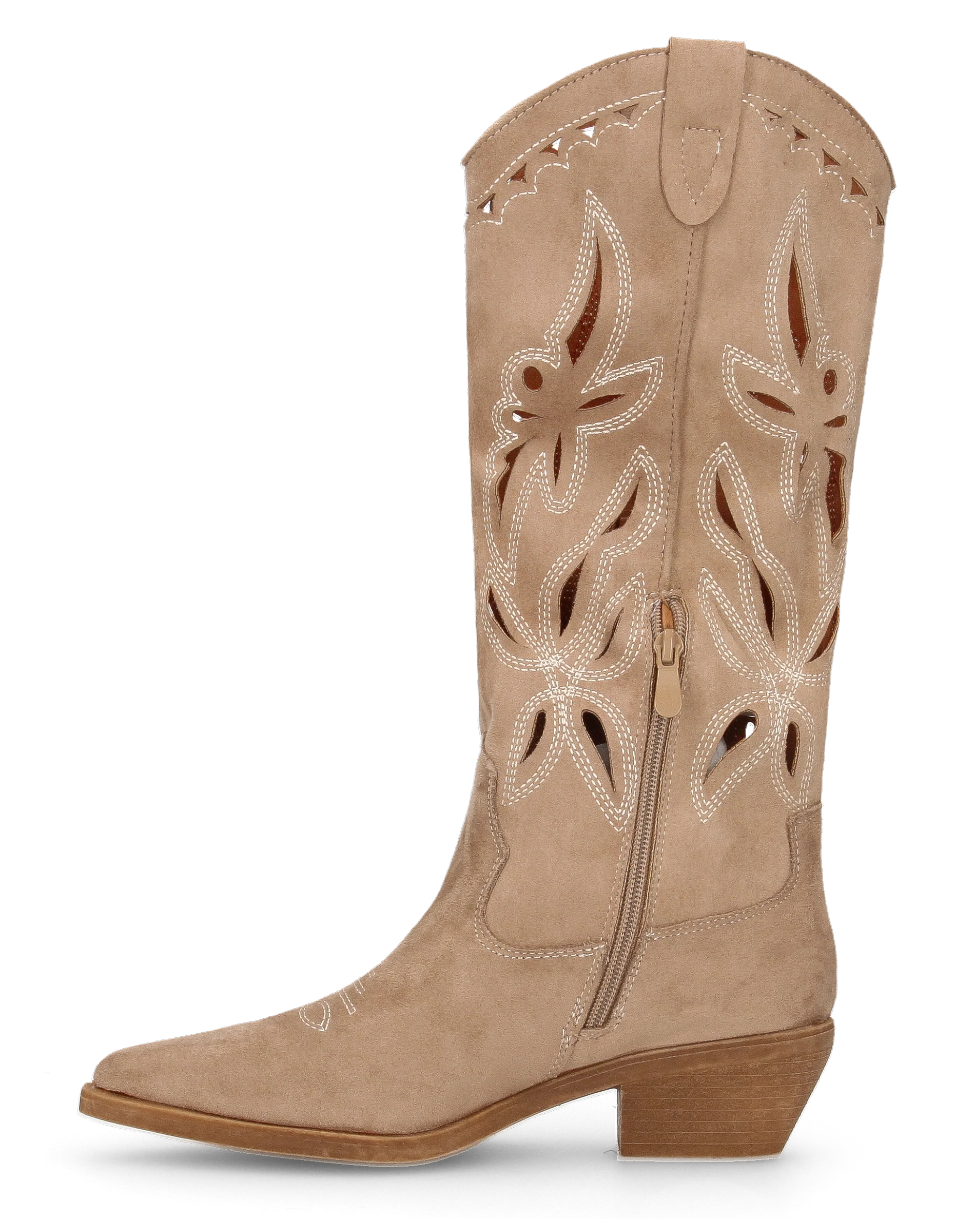 RISA - stivali texani alti beige in simil camoscio con ricami e lavorazione traforata - Image 3