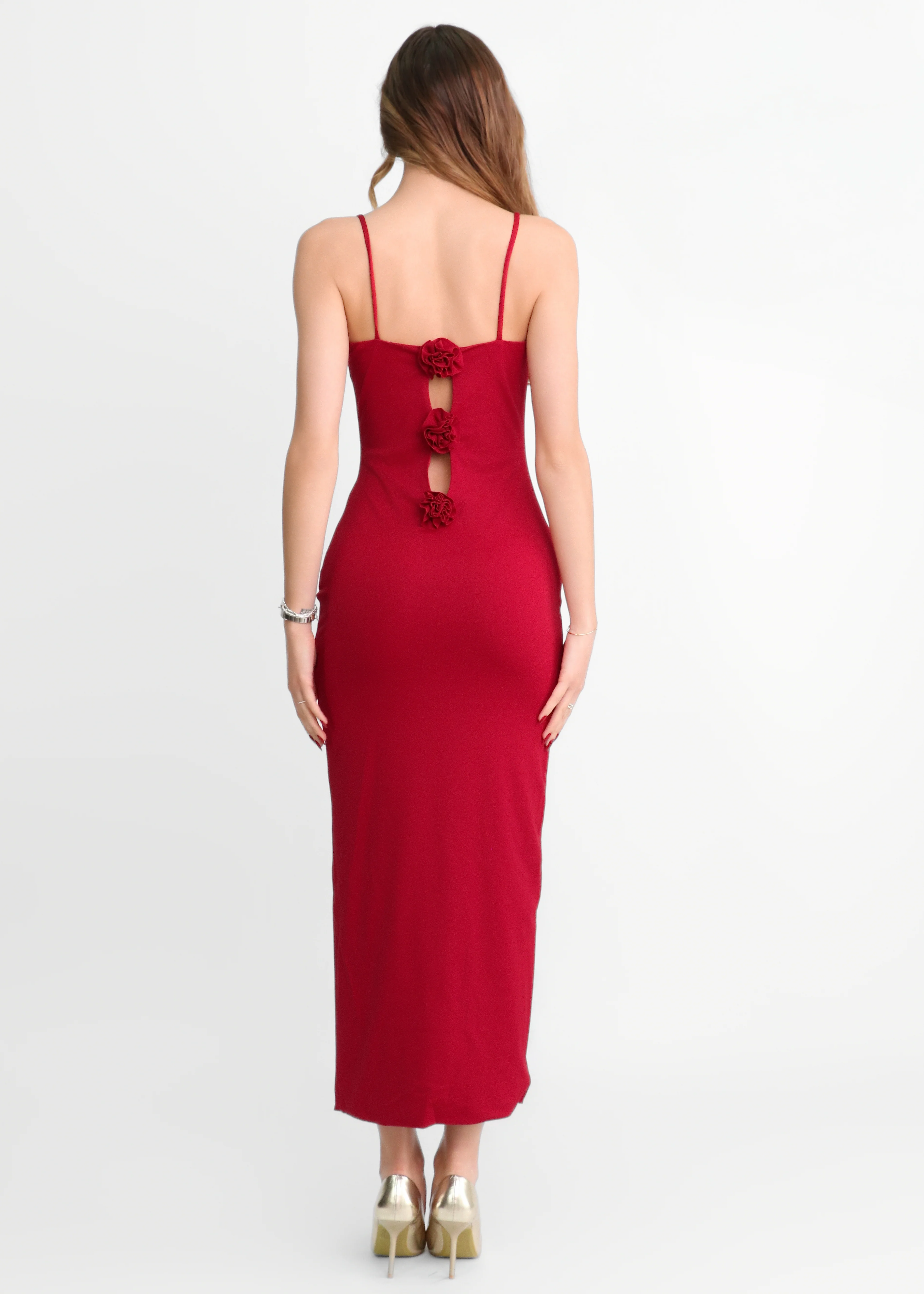 ROMANCE - vestito lungo rosso scuro con applicazione di rose - Image 2
