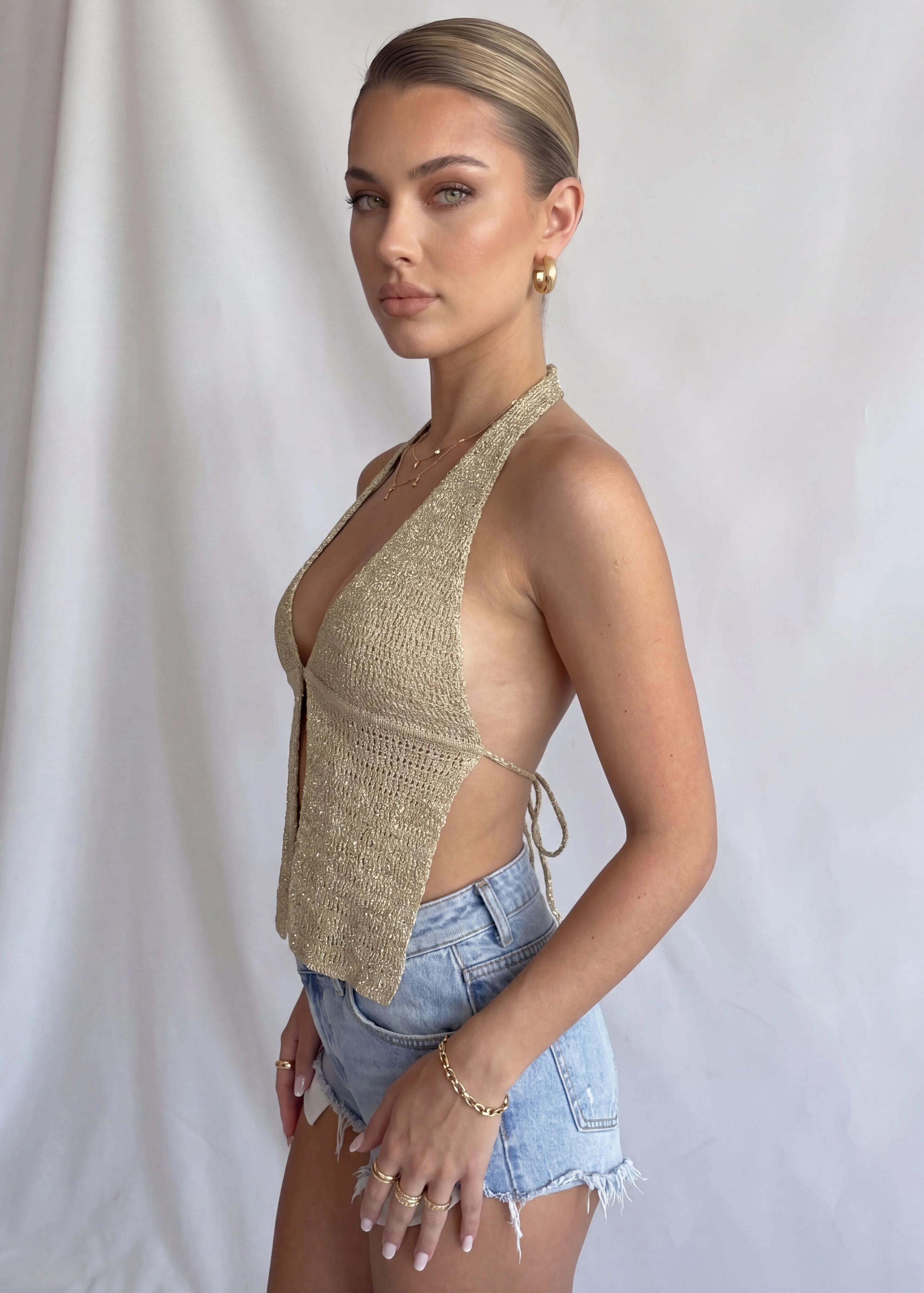 SUMMY - top effetto crochet con schiena scoperta beige oro